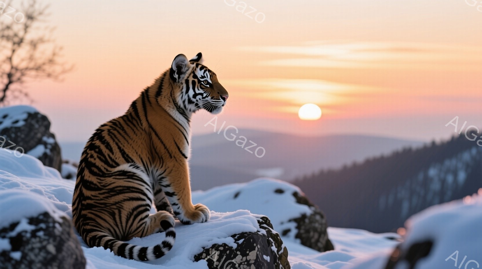 雪に覆われた岩の上に、縞模様の大きなトラが座っている。夕焼け空の下、遠くの山々がぼんやりと見え、全体的に静かで荘厳な雰囲気が漂っている。トラは横を向き、何かをじっと見つめるような表情をしている。