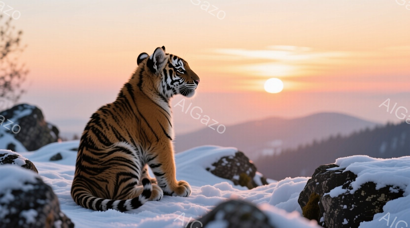 白い雪の上に座るトラが描かれています。夕焼けのオレンジとピンクの空を背景に、遠くには緑の山々が広がっています。トラは横を向き、何かを見つめているようで、静かで神秘的な雰囲気を醸し出しています。