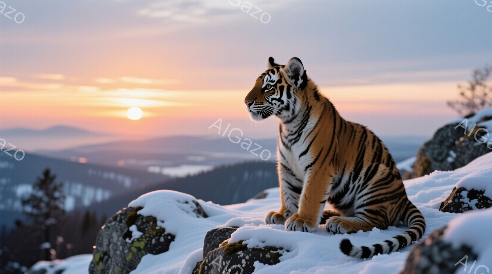 雪を積もらせた岩の上に、縞模様の若いトラが座って遠くを見つめている。背景には山々と、夕焼けに染まる空が広がり、穏やかで神秘的な雰囲気を醸し出している。雪の白さとトラの模様、夕焼けのオレンジ色が対照的で - AI生成フリー素材