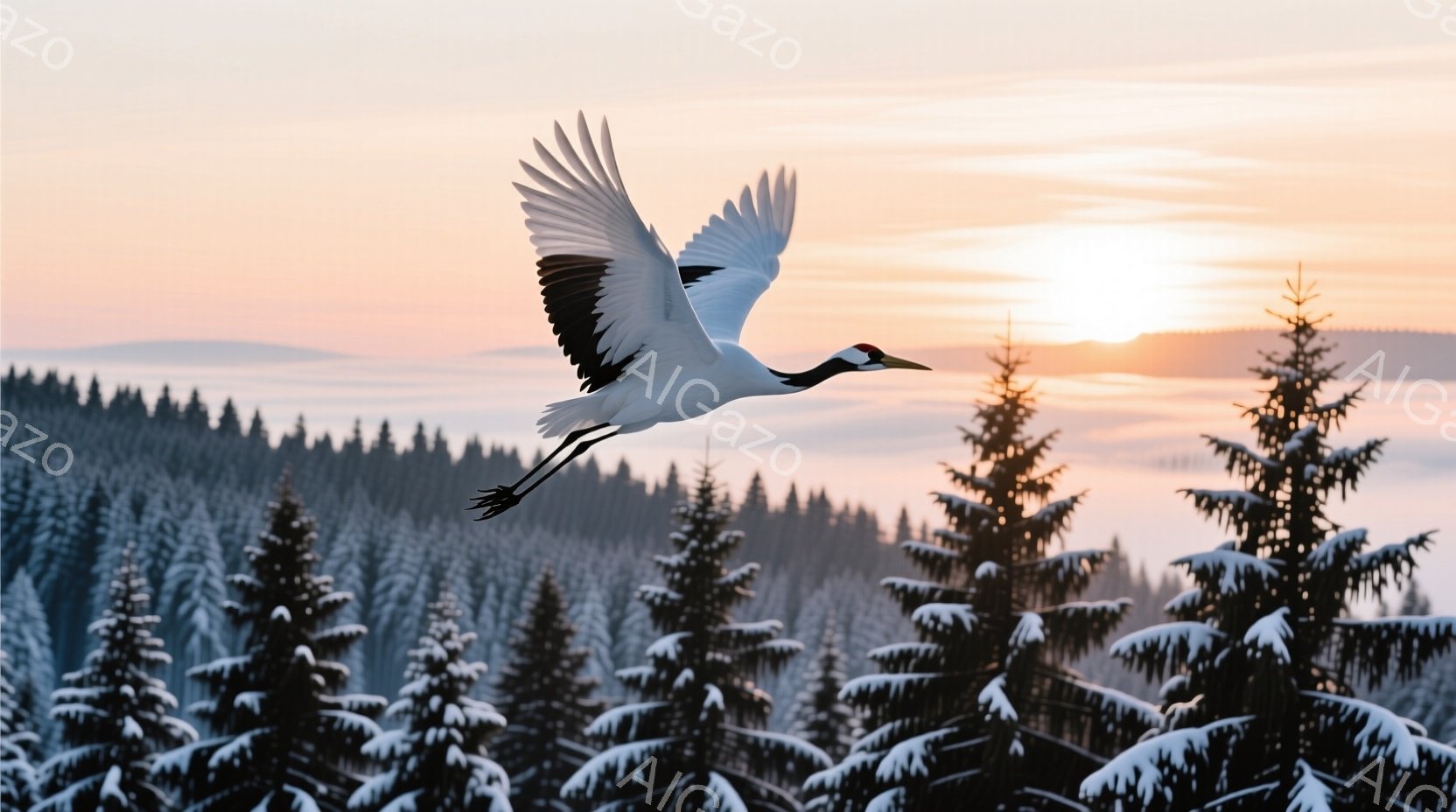 白い鳥、おそらく鶴が、雪をかぶった針葉樹の森の上を翼を広げて飛んでいる。背景には、夕焼けのようなオレンジ色の光が差し込み、霧に包まれた風景が広がっている。全体的に静かで、冬の自然の美しさを捉えた、荘厳な雰囲気を感じさせる。
