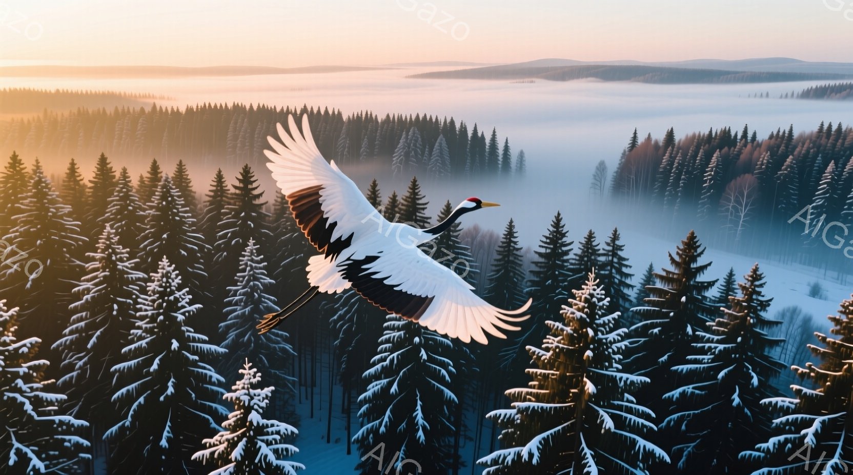 雪に覆われた針葉樹林の上を、翼を広げた白鳥が力強く飛んでいる。背景には朝霧が立ち込め、遠くの山々がぼんやりと見える穏やかな光景が広がっている。冬の静寂と鳥の生命力が共存する、幻想的な雰囲気が漂う。