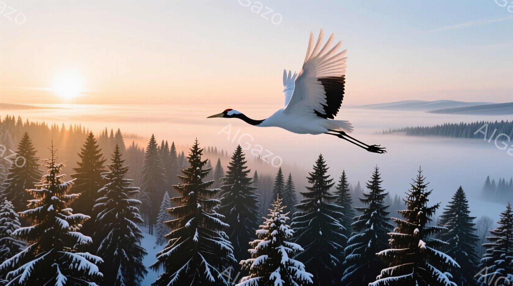 白い鶴が雪をまとった針葉樹林の上を力強く舞っている。朝日が霧に包まれた森林を照らし、空はオレンジ色と金色に染まっている。全体的に静かで神秘的な雰囲気で、冬の自然の美しさを際立たせている。