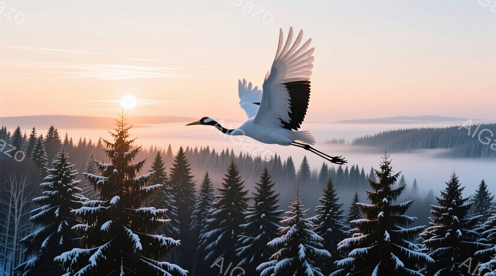 白い鶴が雪を頂いた針葉樹林の上を、翼を大きく広げて飛んでいる。背景には朝焼けの空と、霧に包まれた山々が広がり、静かで穏やかな雰囲気を醸し出している。雪の積もった木々は冬の厳しさと美しさを表現し、鶴の飛翔と対照的な静けさを作り出している。