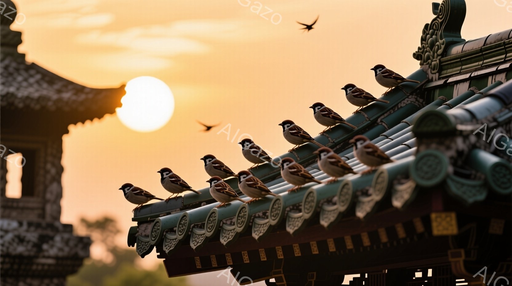 伝統的な屋根に並んで座っている多くの雀が写っています。夕焼けのオレンジ色の空が背景に広がり、空には鳥が飛び交っています。屋根の精巧な装飾と、夕日の柔らかな光が、静かで穏やかな雰囲気を醸し出しています。