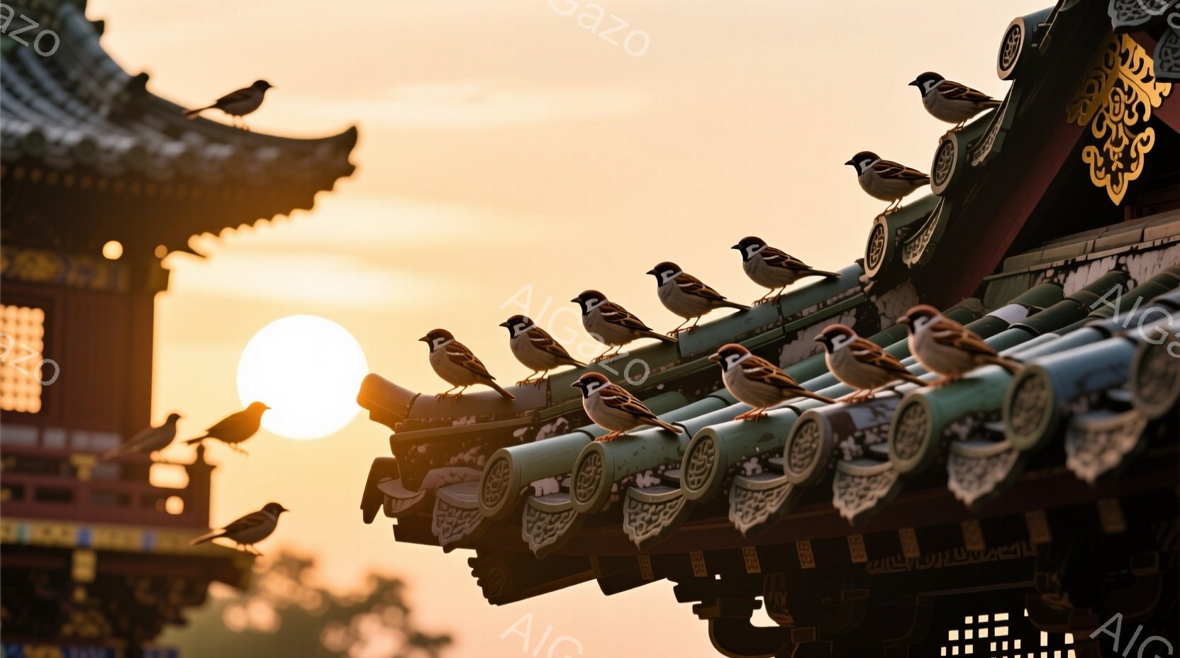 瓦屋根の上に多数のスズメが並んで休憩している様子が捉えられています。夕焼けのオレンジ色の光が背景を照らし、スズメのシルエットを強調しています。伝統的な建築様式の建物と、穏やかな自然光が組み合わさり、静 - AI生成フリー素材