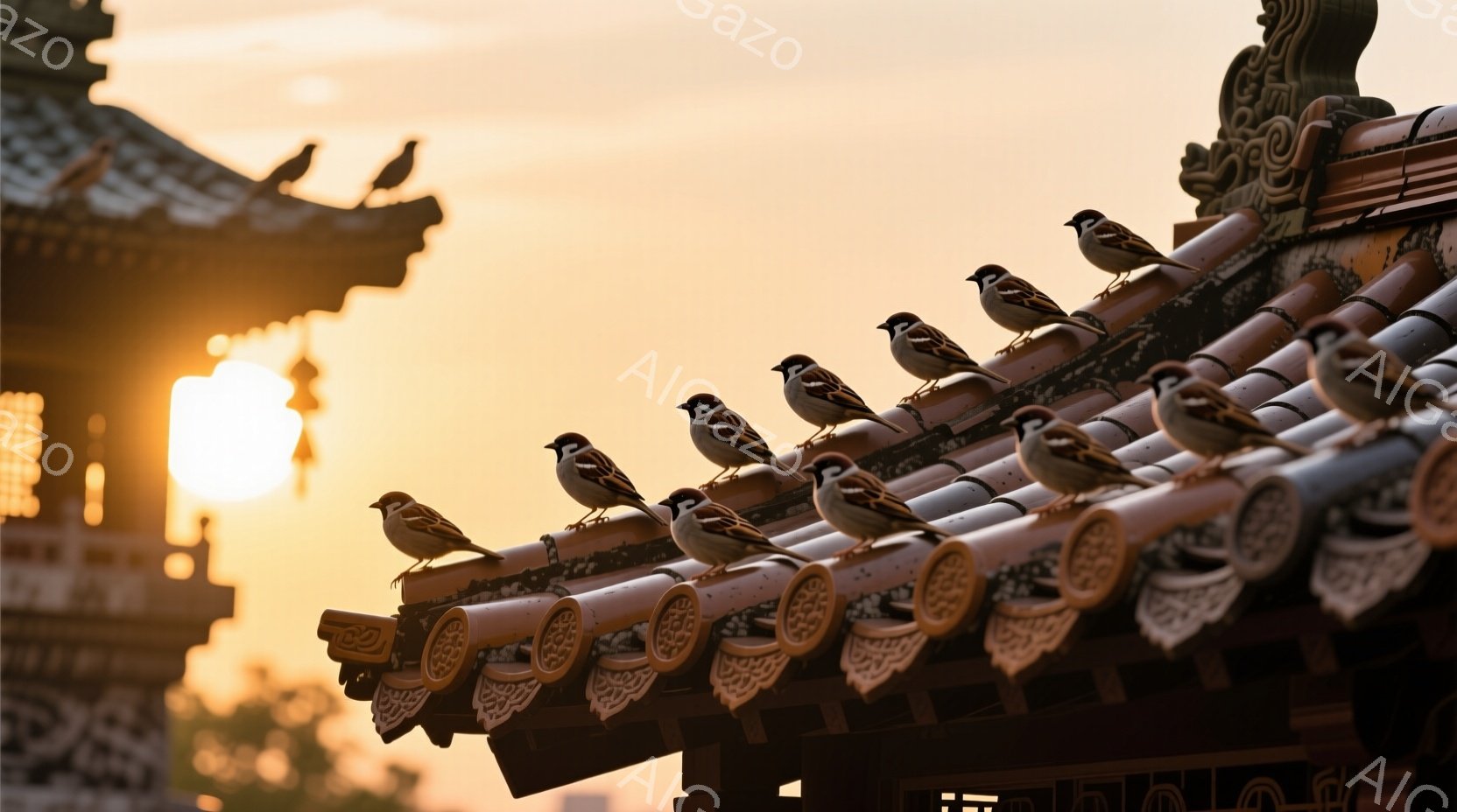 朱色の屋根瓦に、多くの雀が並んで止まっています。夕焼けの光が背景をオレンジ色に染め、鳥たちのシルエットを際立たせています。伝統的な建築様式と自然が調和した、穏やかで美しい情景です。