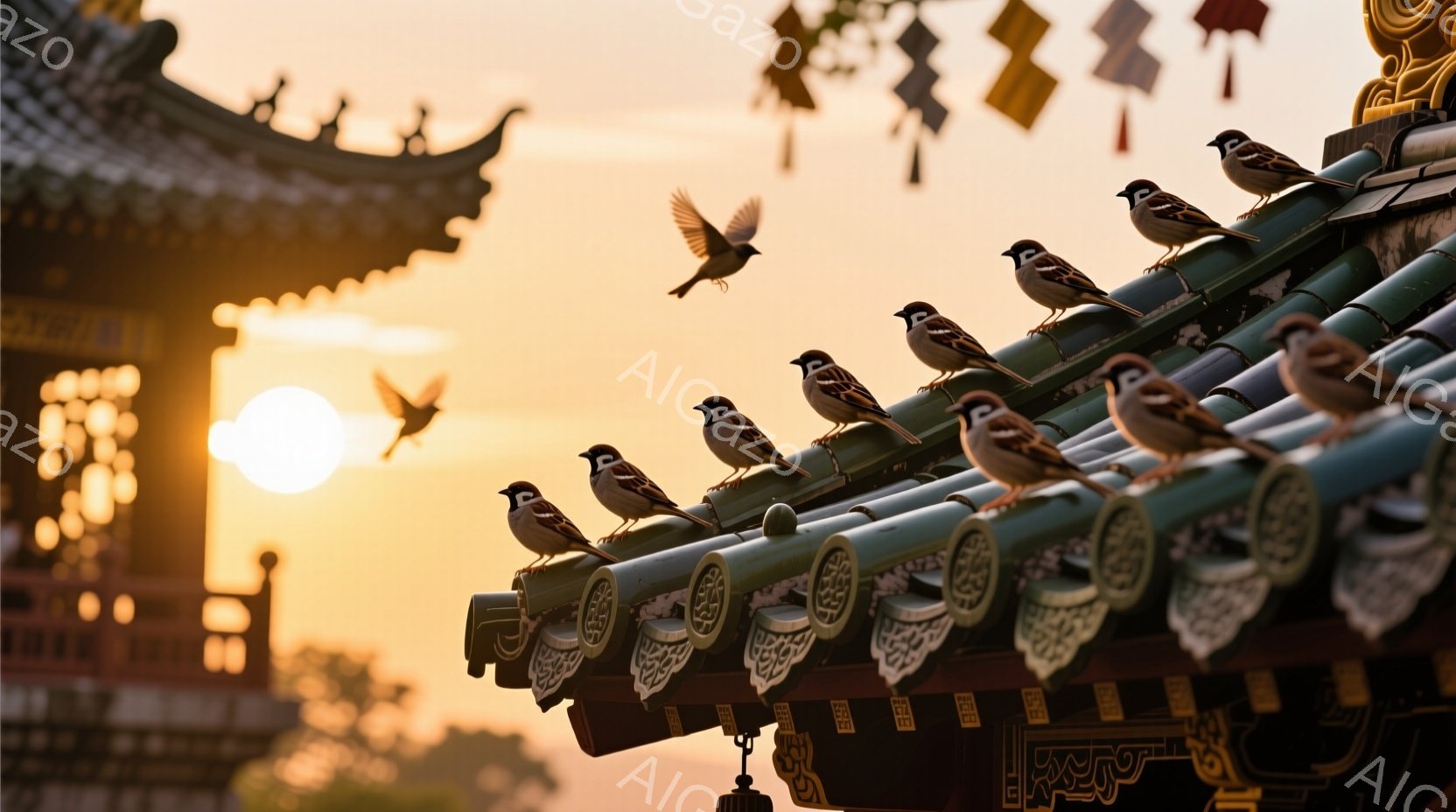 古代様式の屋根に、多くの雀が並んで止まっています。夕焼け空を背景に、飛ぶ雀も一羽見られ、温かく穏やかな雰囲気が漂います。建物の装飾が施された屋根と、夕焼けのオレンジ色が美しいコントラストを生み出しています。