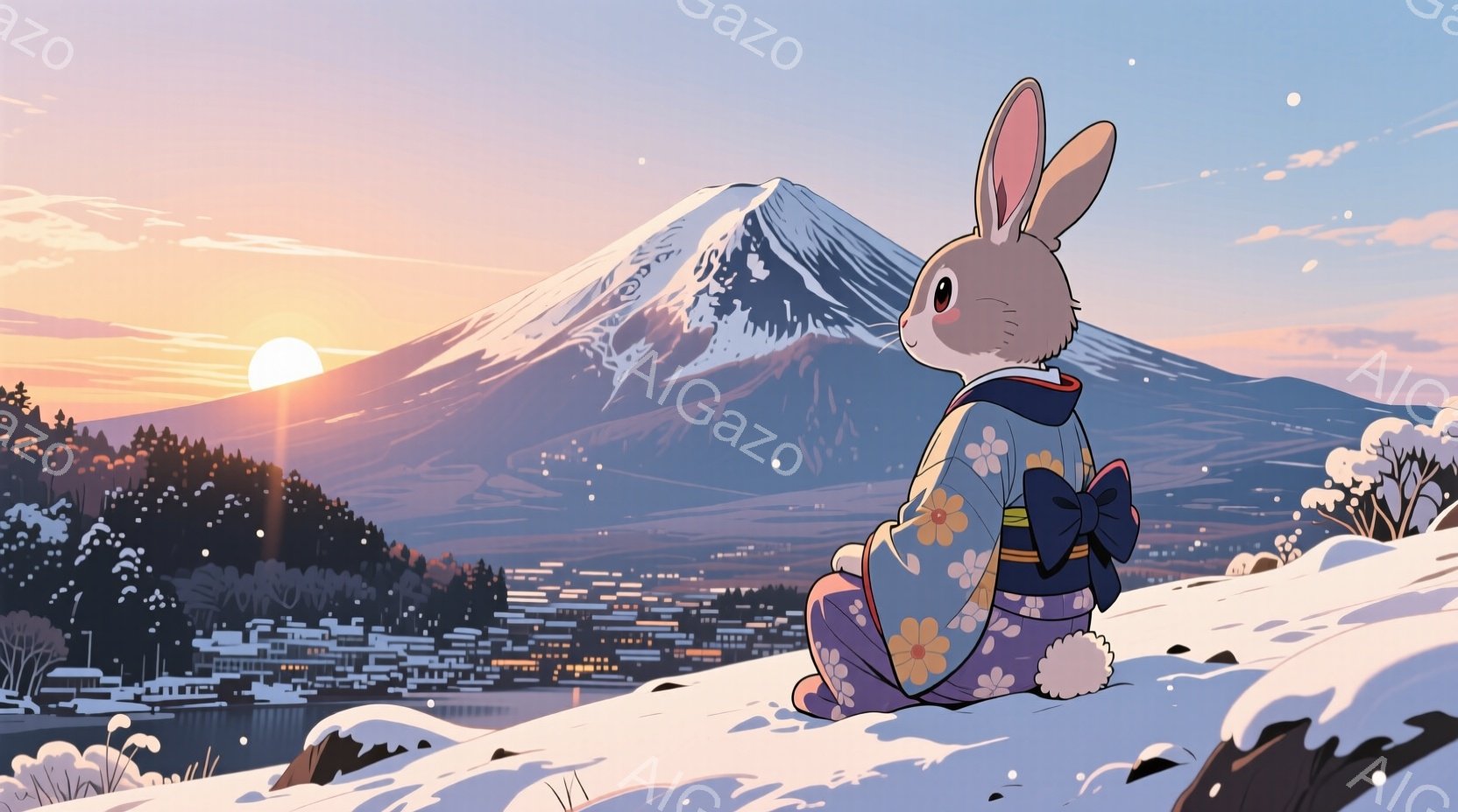 雪景色の中に座る可愛らしいウサギが描かれています。ウサギは鮮やかなピンクと紫色の花柄の着物を着ており、濃い青色の帯が締めてあります。背景には、夕焼けに照らされた雪を頂いた富士山と、麓の小さな町並みが広 - AI生成フリー素材