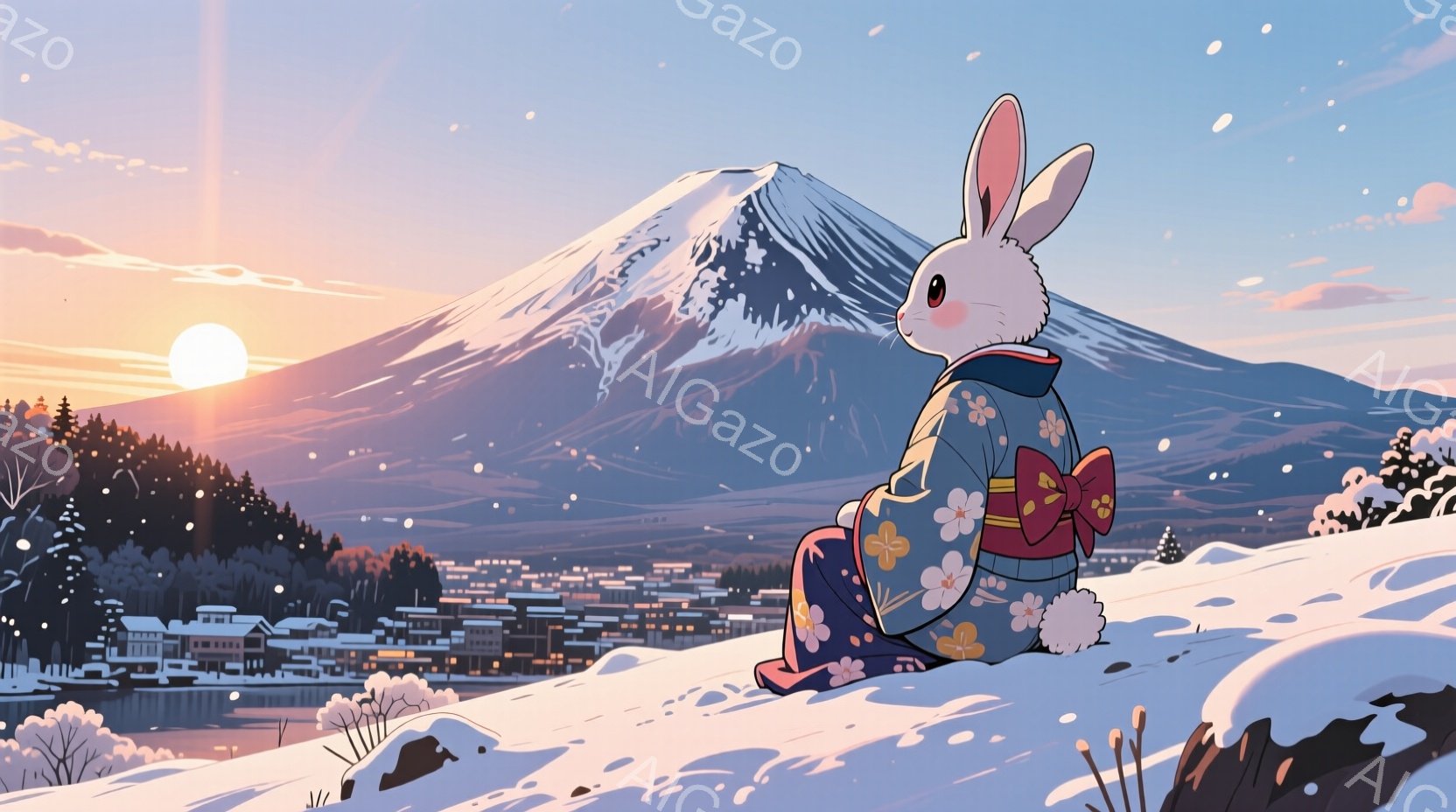 雪景色の中にいる可愛らしいウサギが描かれています。ウサギは藍色とピンクの着物のような服を着ており、背中に大きな赤いリボンが結ばれています。背景には雪をまとった富士山と、その麓に広がる小さな町並みが夕焼け空の下に見え、穏やかで幻想的な雰囲気を醸し出しています。