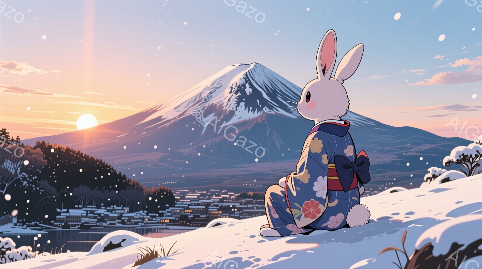 白いウサギが、雪景色を背景に座って遠くの富士山を眺めている。ウサギは、青い花柄の着物を着ており、首には黒いリボンが付いている。背景には、雪をまとった街並みと、夕焼けに照らされた美しい富士山が広がり、穏 - AI生成フリー素材