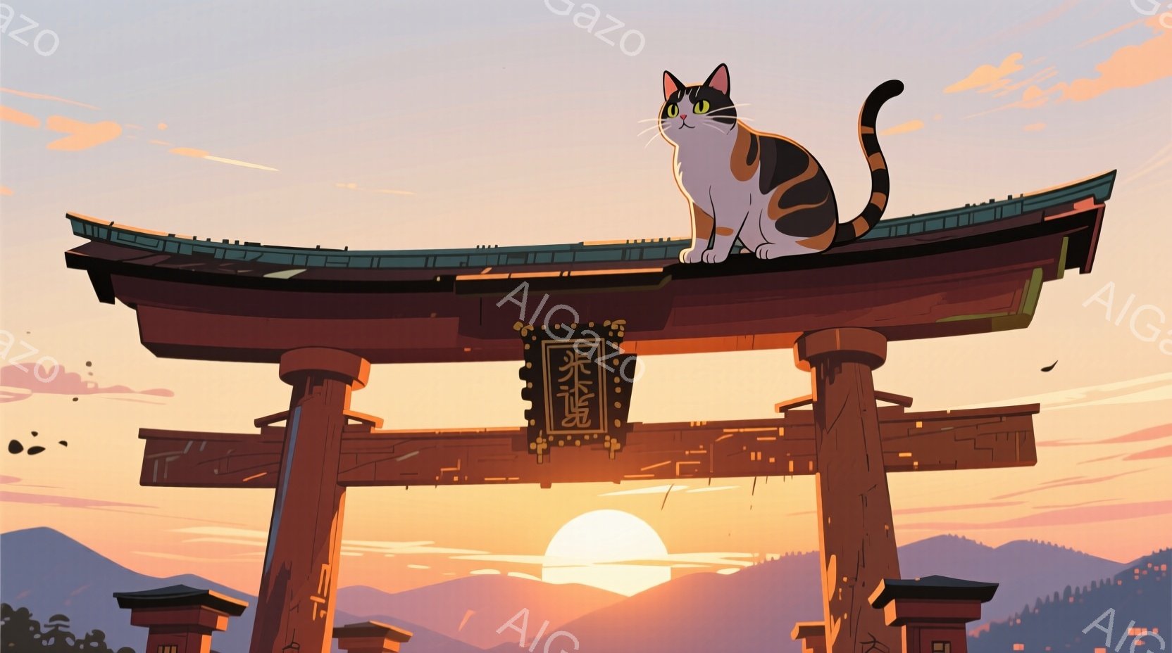 朱色の鳥居が夕焼けに照らされ、その上に茶トラ猫が座っている。猫はリラックスした様子で、遠くを見つめている。背景には山々と街並みが見え、空はオレンジとピンクのグラデーションで、穏やかで美しい雰囲気を醸し出している。