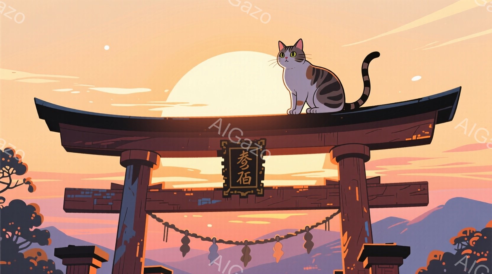 鮮やかな夕焼けを背景に、鳥居の上で猫が座っています。猫は縞模様で、リラックスした表情で遠くを見つめています。背景には、山々と穏やかな空が広がり、全体的に静かで穏やかな雰囲気が漂っています。 - AI生成フリー素材