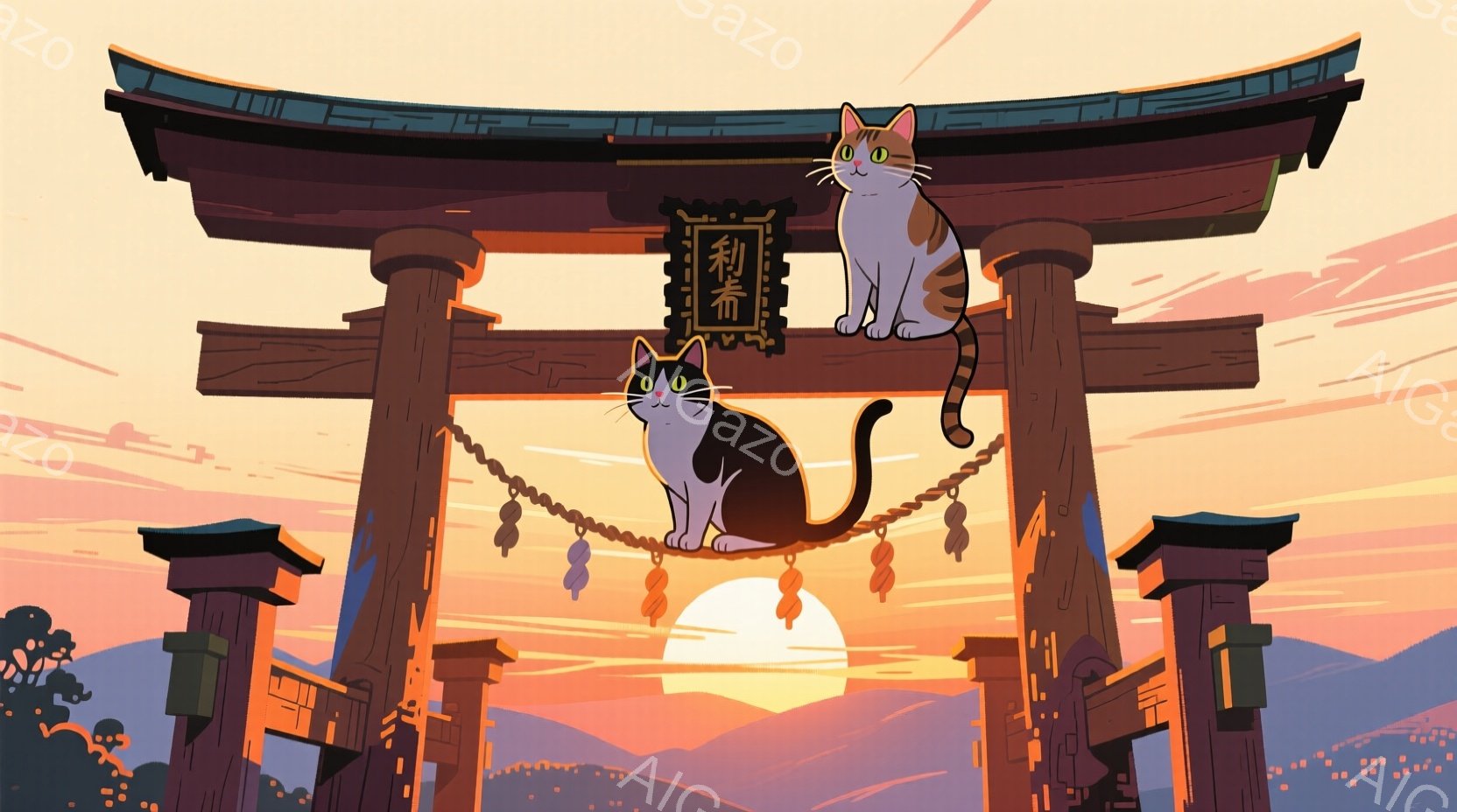鳥居が夕焼けを背景に描かれています。二匹の猫が鳥居の上部に座っており、一匹は茶トラ、もう一匹は黒猫で、どちらもリラックスした表情で正面を見ています。背景には山々と建物が見え、空はオレンジ色とピンク色のグラデーションで、穏やかで幻想的な雰囲気が漂っています。
