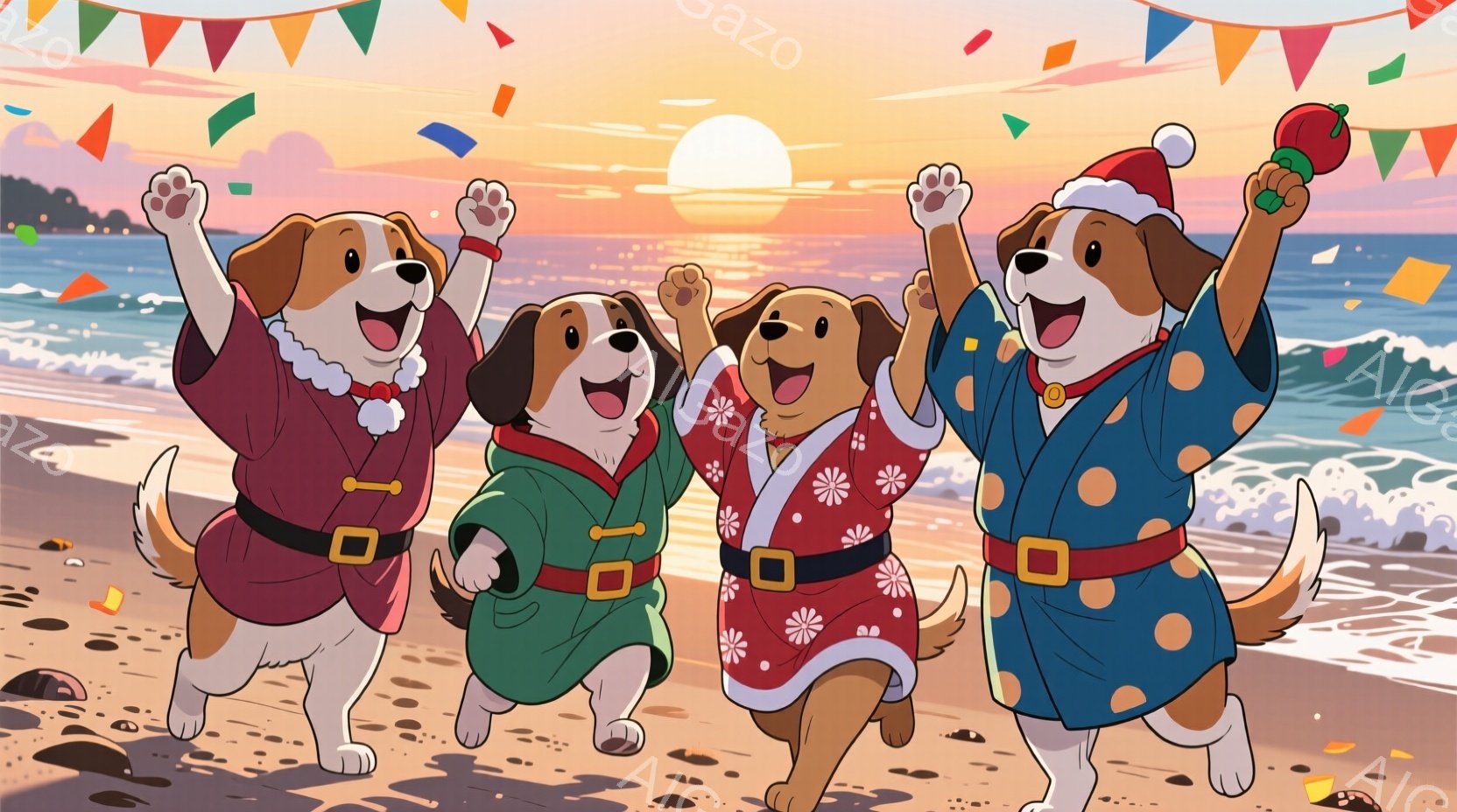 砂浜を走る犬たちが描かれています。赤、緑、赤、青の日本の伝統的な柄の法被をそれぞれ着ており、頭にはサンタの帽子をかぶっています。背景には、夕焼け空と打ち寄せる波、そして遠くに見える建物があり、お祝いのような賑やかな雰囲気が漂っています。