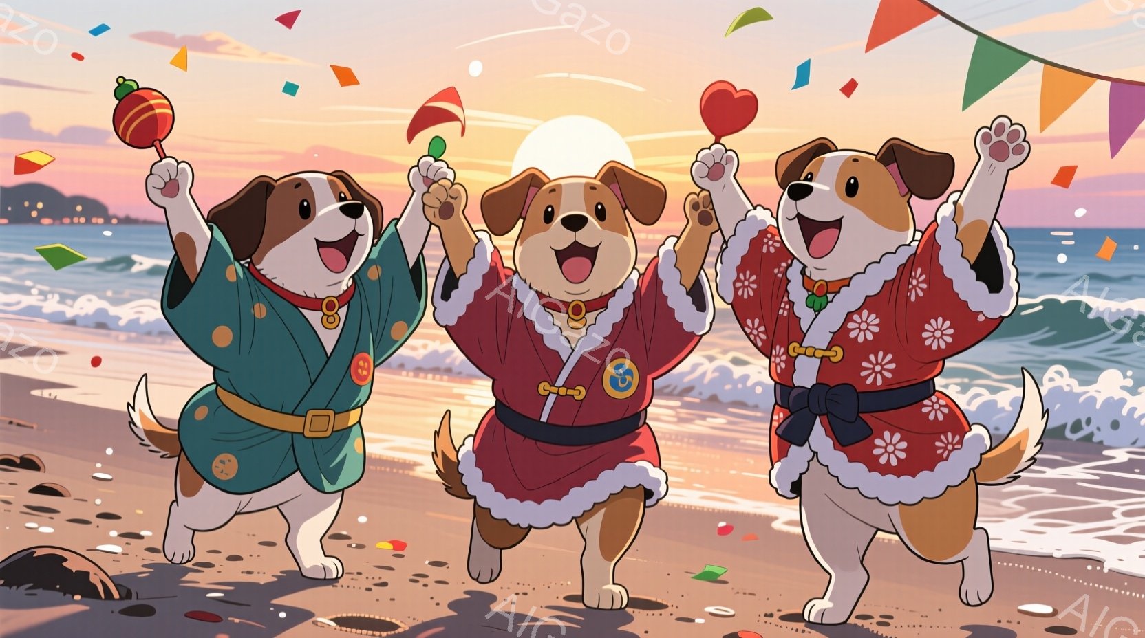 浜辺を駆ける柴犬三匹が描かれています。それぞれ緑、赤、そして赤い着物を着ており、黒い帯で結ばれています。背景には穏やかな海と夕焼け空が広がり、色とりどりの紙吹雪が舞い散り、祝祭的な雰囲気を醸し出しています。