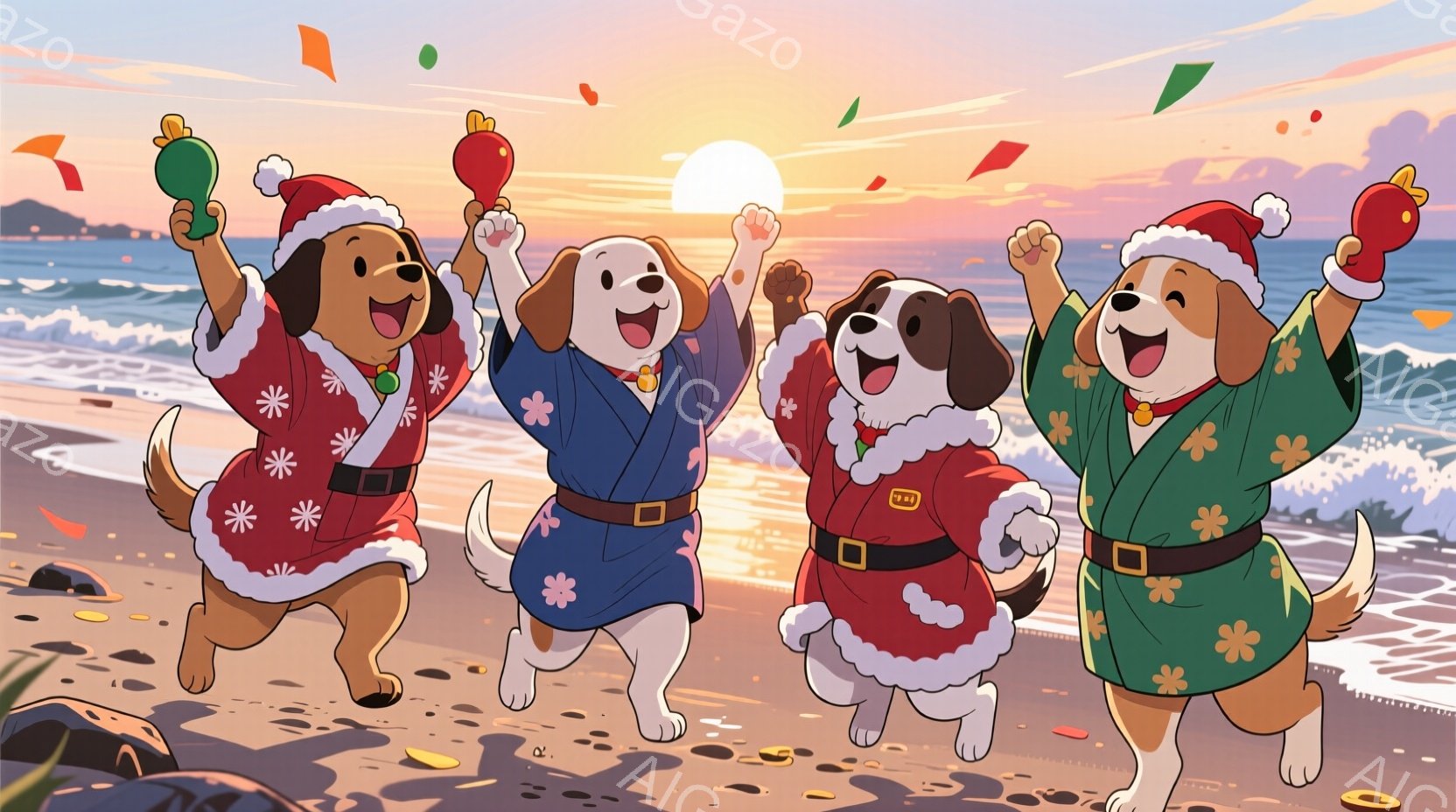 砂浜にいる犬たちが、それぞれ異なる色のクリスマス風の衣装を着て、嬉しそうに両手を上げています。背景には穏やかな海と夕焼け空が広がり、カラフルな紙吹雪が舞い上がっています。全体的に明るく、楽しい雰囲気が - AI生成フリー素材