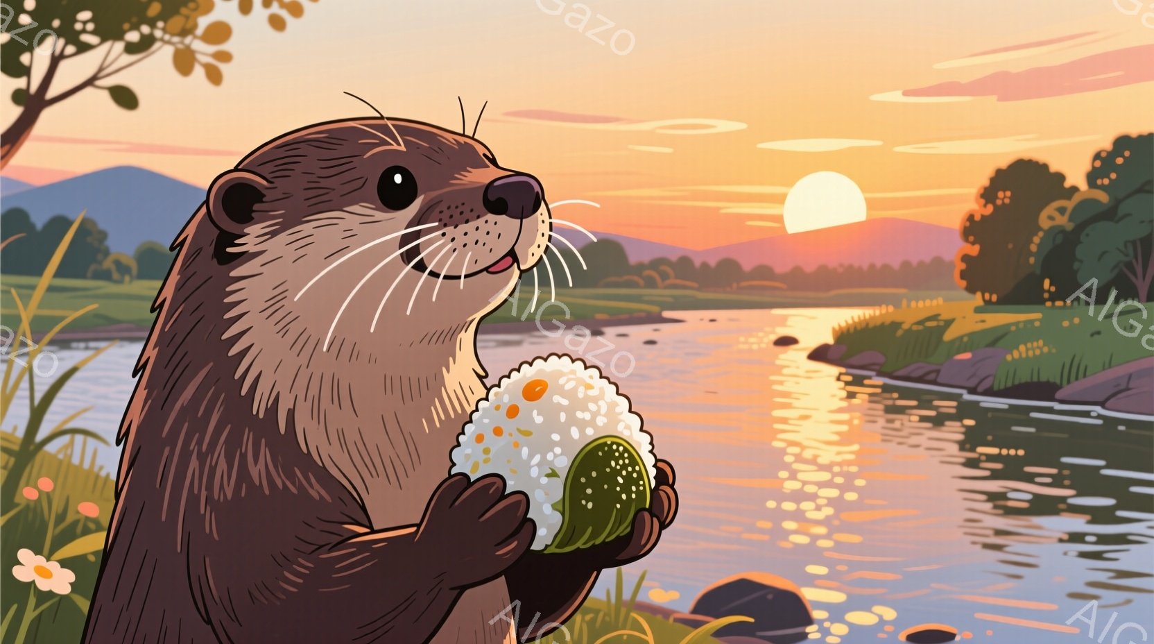 カワウソが両手で大きな海苔巻きを抱えており、嬉しそうな表情でそれを見つめている。背景には、夕焼けに照らされた穏やかな川と緑豊かな丘陵地帯が広がり、水面には太陽の光が反射している。全体的に、暖かく平和で、ほのぼのとした雰囲気が漂っている。