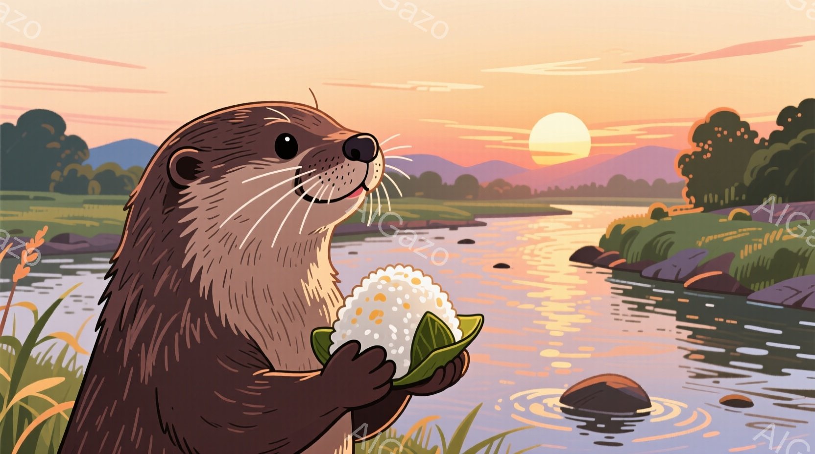 カワウソが緑色の葉の上に乗ったおにぎりを手に持っています。背景には、穏やかな川と緑豊かな風景が広がり、夕焼け空が暖かく優しい雰囲気を醸し出しています。カワウソは微笑んでおり、楽しげな様子が伝わってきます。