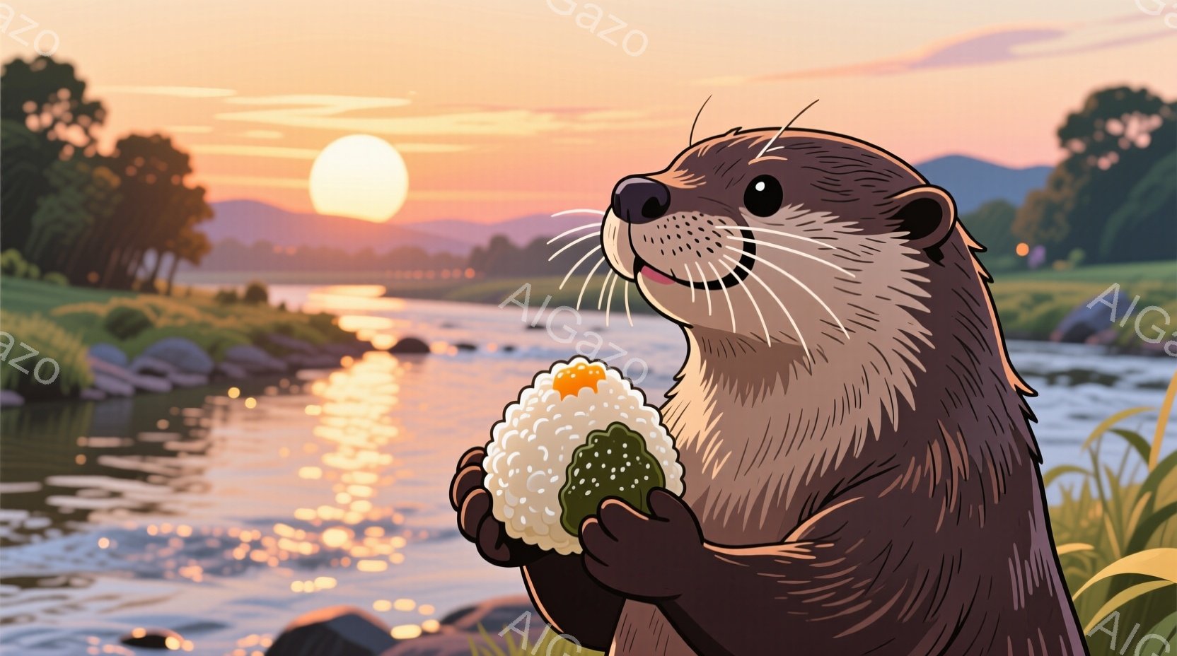 カワウソが両手に握る大きな海苔巻きが印象的な画像です。夕焼けに照らされた穏やかな川辺で、カワウソは微笑みながら海苔巻きを見つめています。背景には緑豊かな草地と遠くの山々が広がり、暖かく平和な雰囲気が漂っています。