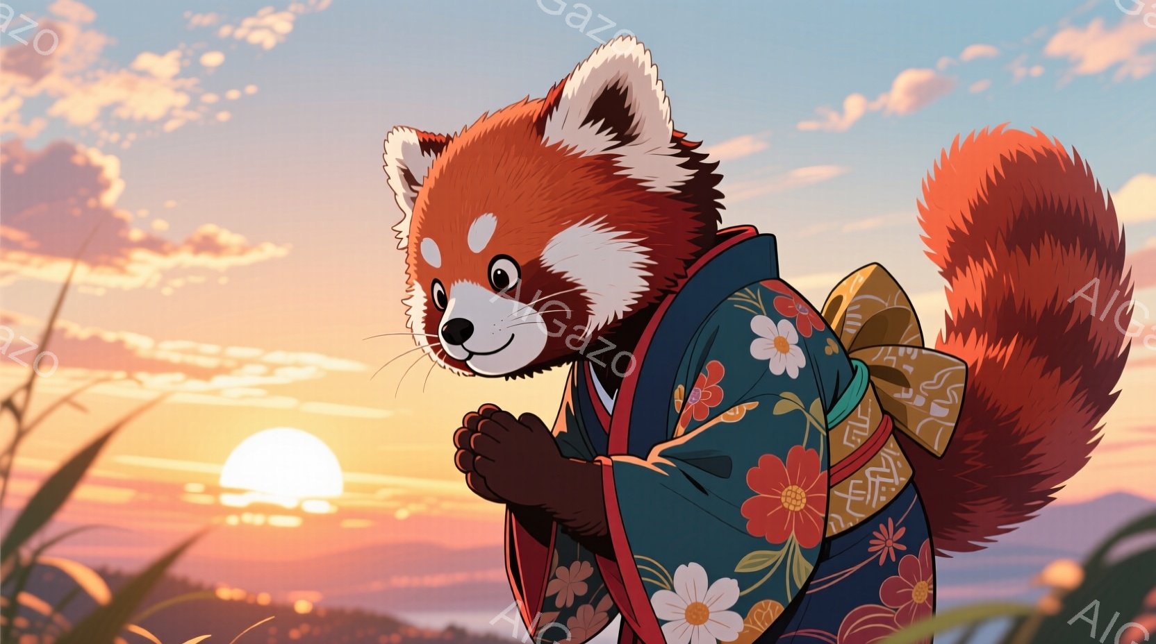 リスが提灯模様の凧を手に、笑顔で立っています。背景には、夕焼け空を背景にした鳥居と寺院が見え、穏やかで温かい雰囲気が漂っています。全体的に鮮やかな色使いで、楽しげな情景が描かれています。 - AI生成フリー素材