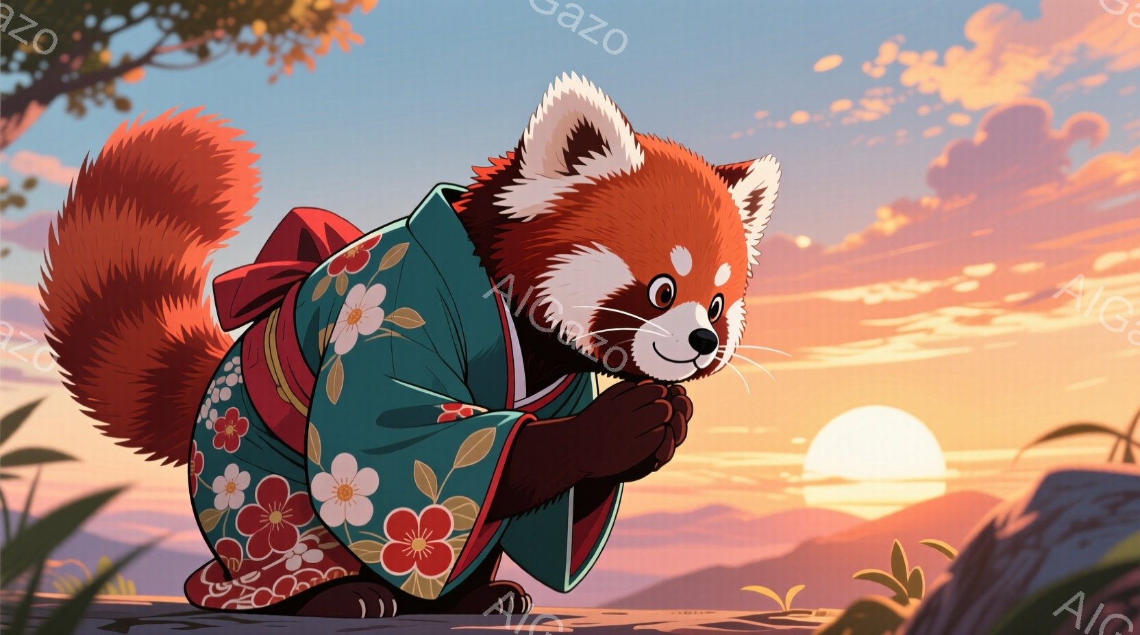赤いパンダが緑色の花柄の着物を着て、前足を組み合わせて祈るようにしています。背景には夕焼け空と山々が広がり、穏やかで平和な雰囲気が漂っています。パンダの表情は穏やかで、夕焼け空の色合いと相まって、暖かく優しい印象を与えます。