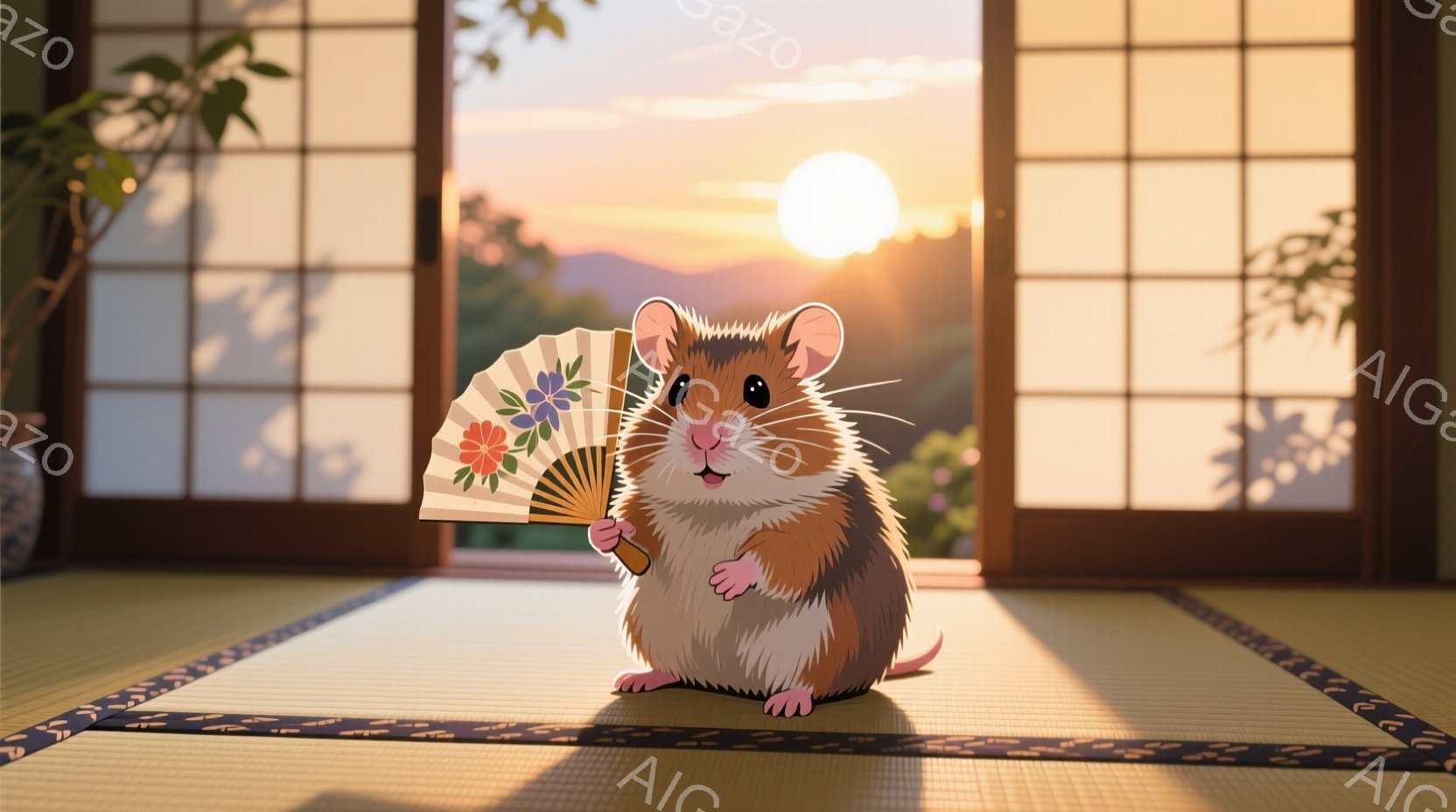 ハムスターが畳の上に立っており、片手に扇子を持っています。背景には障子と夕焼けの美しい景色が広がり、穏やかで平和な雰囲気を醸し出しています。ハムスターの表情は穏やかで、リラックスした様子が伺えます。