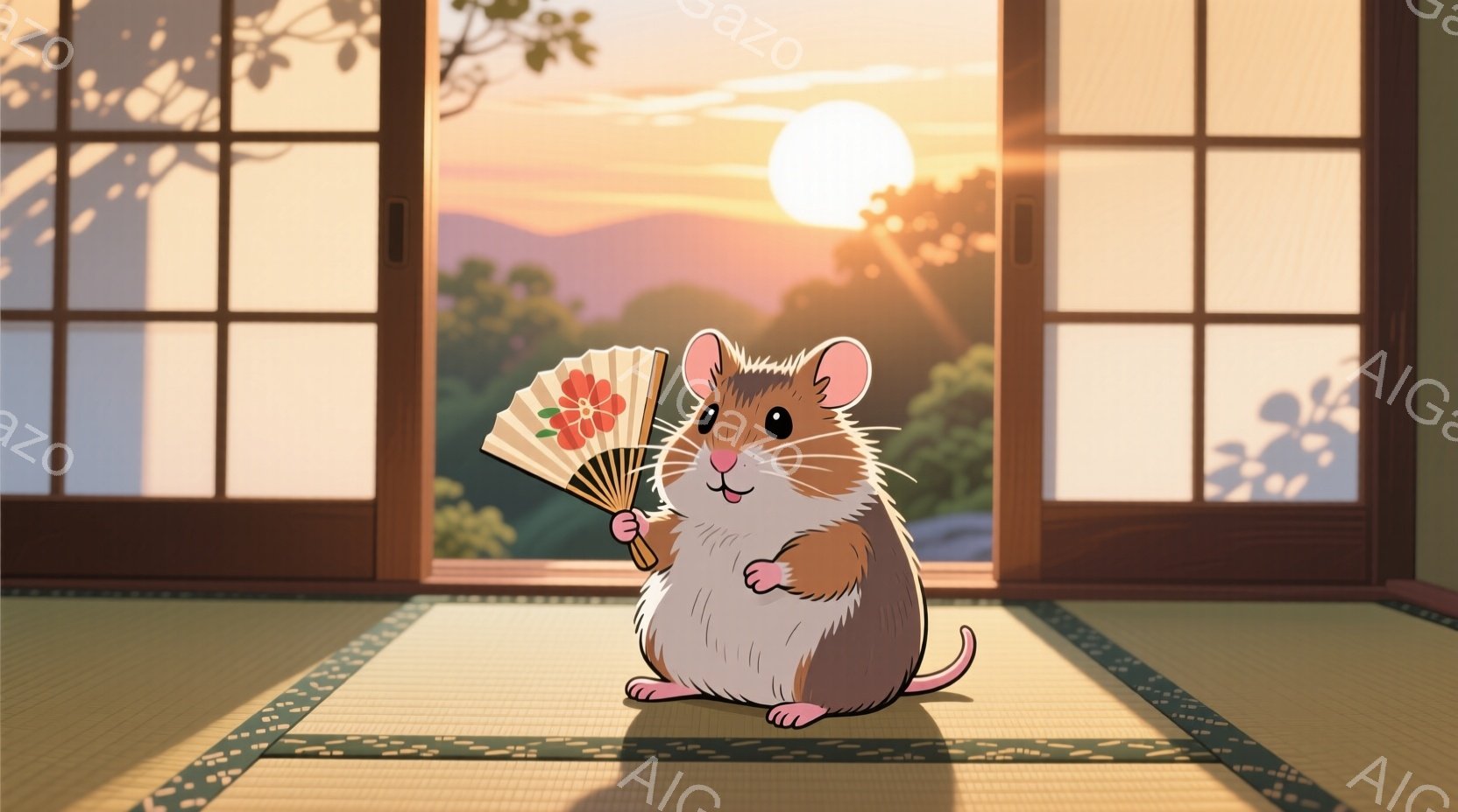 白と茶色のハムスターが畳の上に立っており、片手に扇子を持っています。背景には障子窓と、夕焼けに照らされた山々が見え、穏やかで暖かい雰囲気が漂っています。ハムスターは丸くて可愛らしい体型で、少し微笑んでいるように見えます。