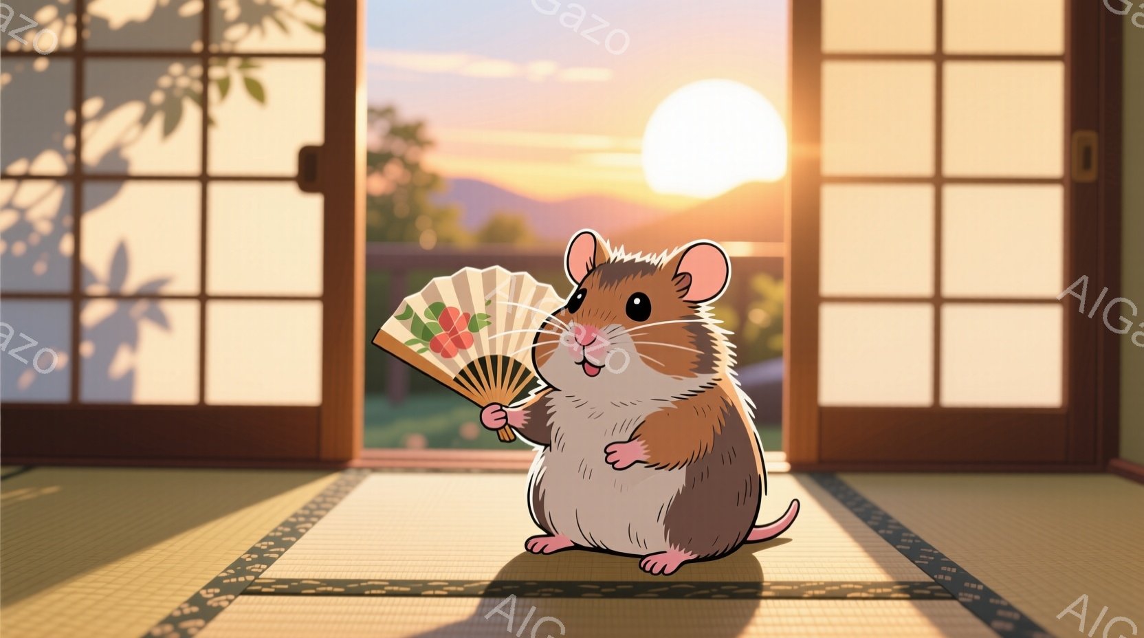 小さなハムスターが畳の上に立っており、片手に扇子を持っています。背景には障子戸と緑豊かな風景、そして夕焼け空が広がっており、穏やかで心地よい雰囲気を醸し出しています。ハムスターは微笑んでおり、楽しげな表情をしています。