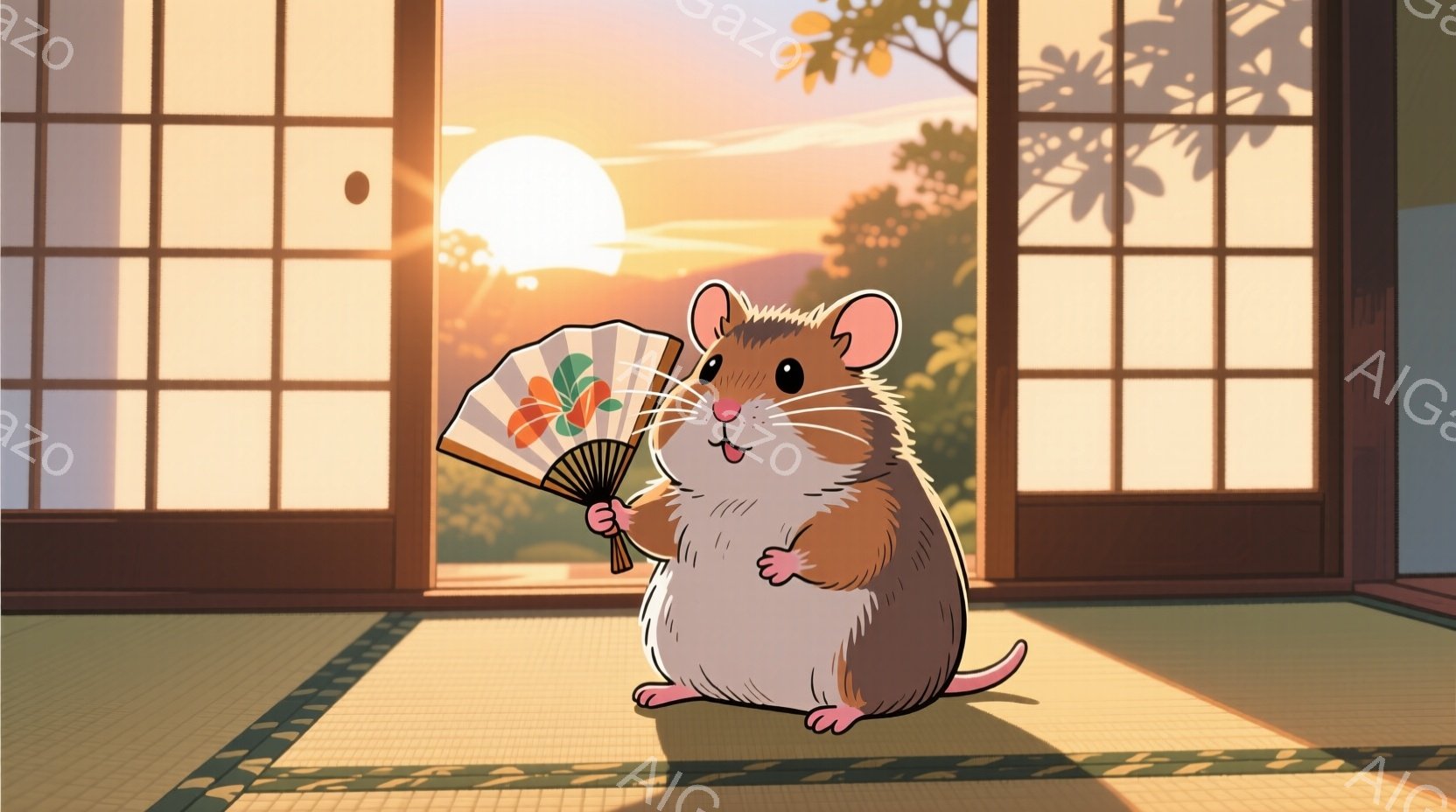 ハムスターが畳の上に立っており、片手に扇子を持っています。背景には障子と夕焼けの風景が広がっており、暖かく穏やかな雰囲気が漂っています。ハムスターは丸みを帯びており、可愛らしい表情で、とても愛らしい姿です。