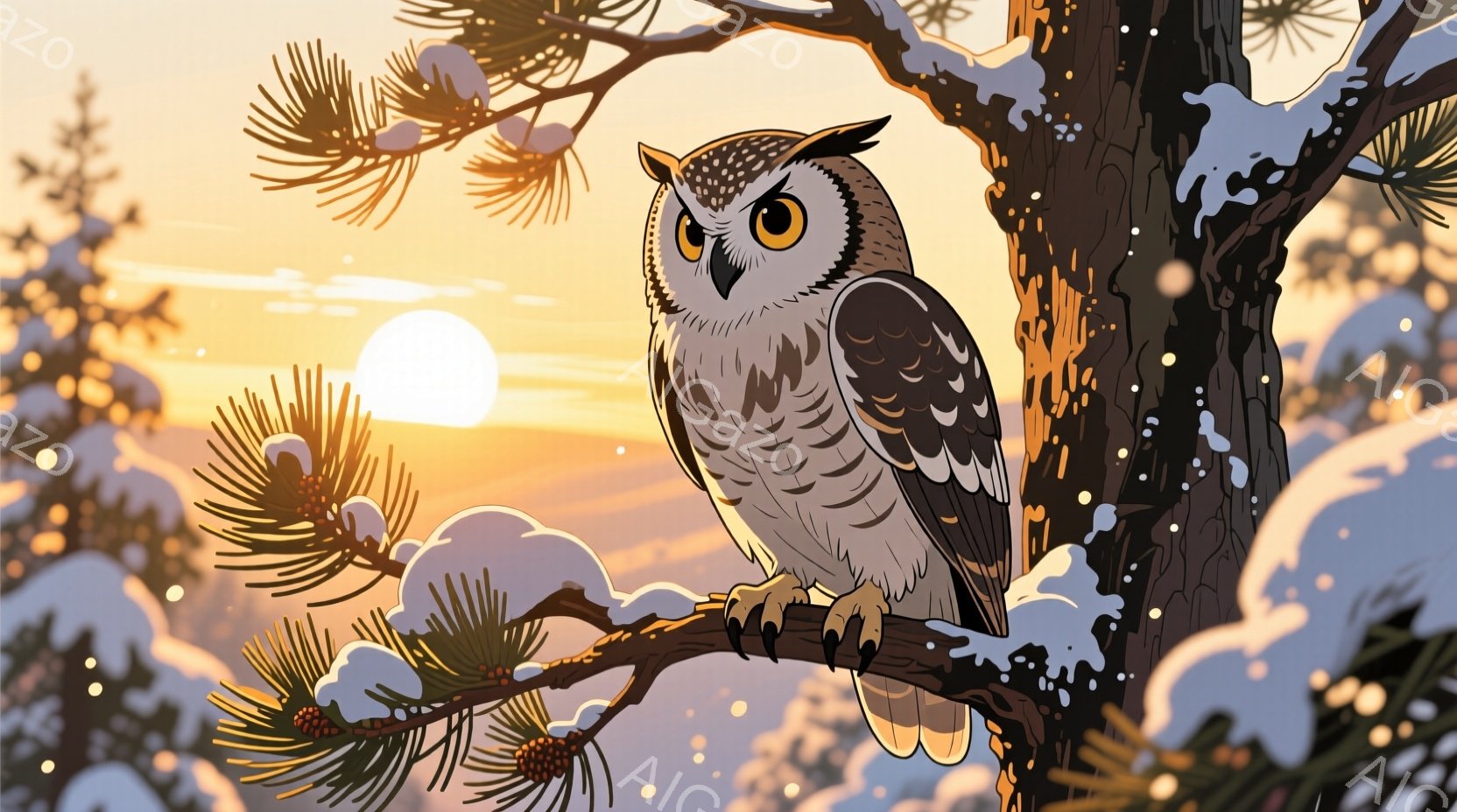 雪をまとった針葉樹の枝にとまったフクロウが描かれています。フクロウは鋭い眼光で正面を見据え、雪に覆われた足でしっかりと枝につかまっています。背景には、夕焼けのようなオレンジ色の空と、ぼんやりとした針葉樹林が広がり、冬の静寂で冷たい雰囲気が漂っています。