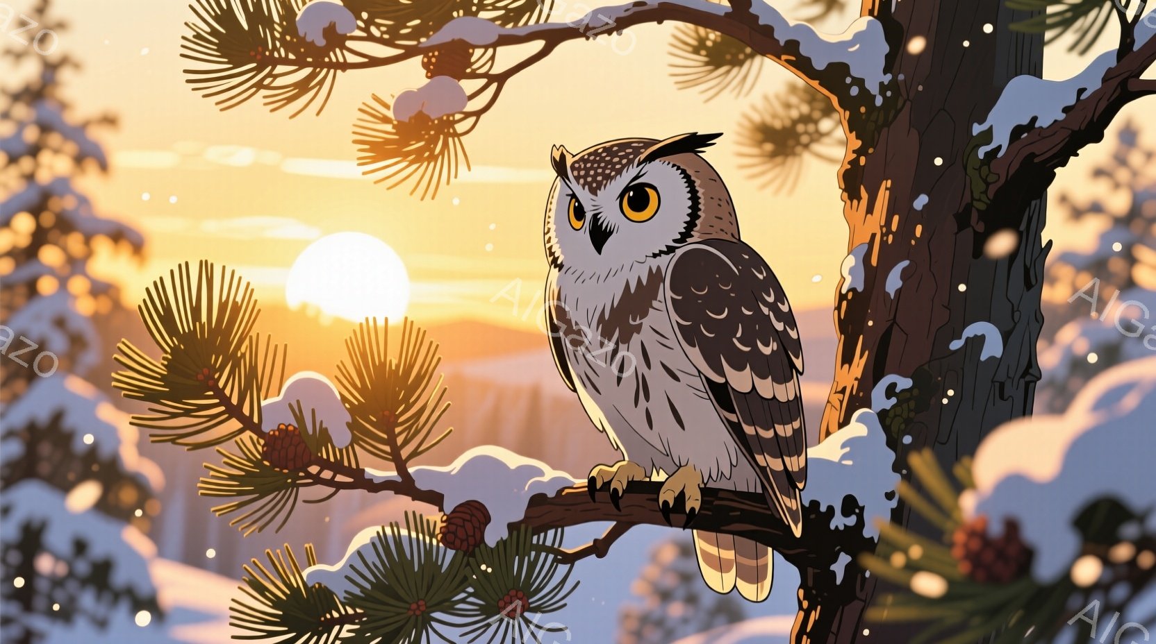 白いフクロウが雪に覆われた木の枝に止まっており、鋭い眼差しで正面を見つめている。背景には夕焼けのような暖色系の空が広がり、遠くには雪景色が広がっている。全体的に静かで、冬の森の神秘的な雰囲気を醸し出している。