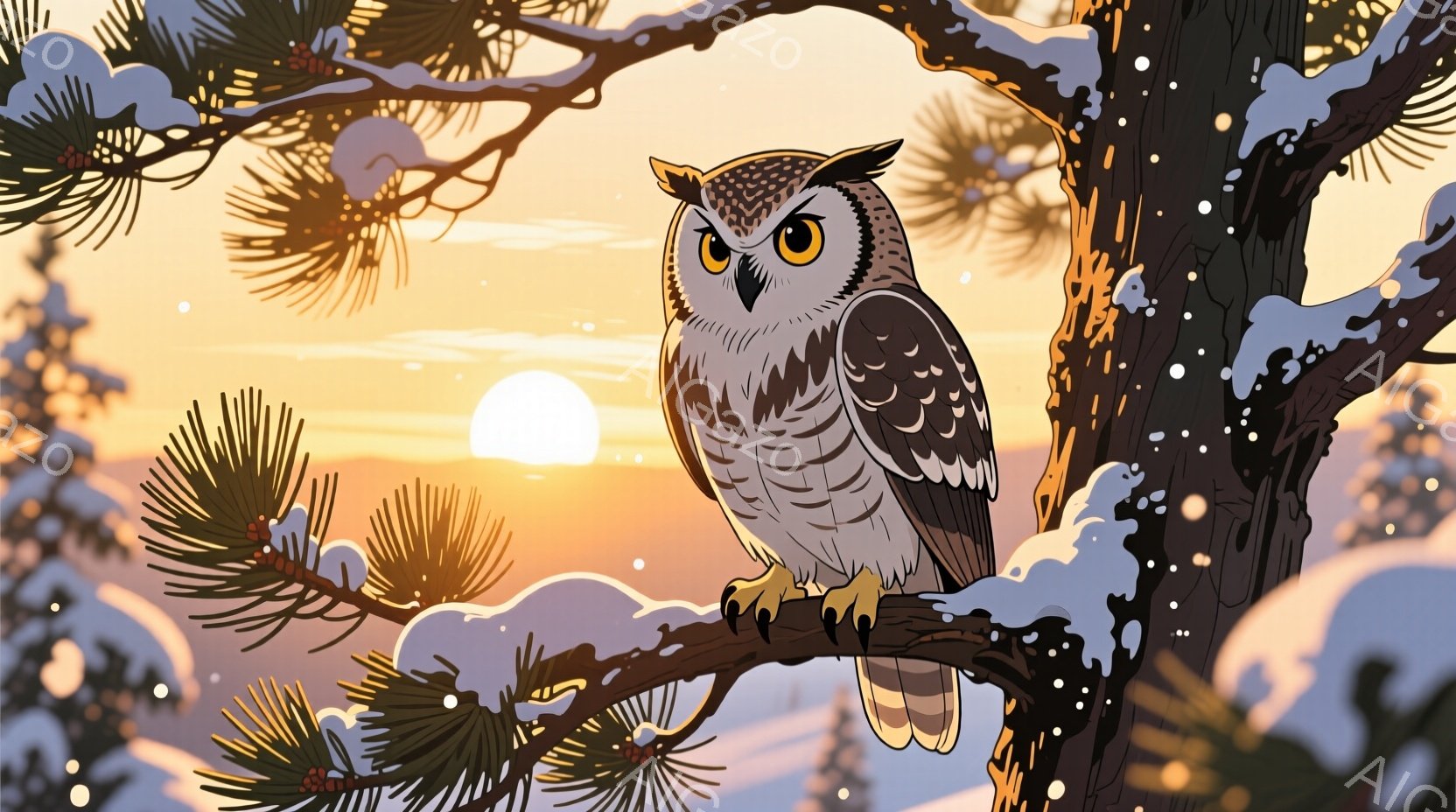 雪化粧された木の枝にとまったフクロウが描かれています。フクロウは鋭い眼差しで正面を見つめ、雪が舞う夕焼けの空を背景に、静かで威厳のある姿を見せています。木々は冬の寒さを感じさせ、夕焼けは暖かく幻想的な - AI生成フリー素材