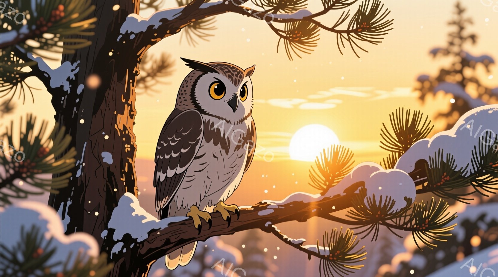 雪をまとった木の枝にとまっているフクロウが描かれています。フクロウは大きく丸い目で前を見据え、茶色と白の美しい模様が特徴的です。背景には夕焼けのような暖色系の光が広がり、雪景色と相まって幻想的な雰囲気を醸し出しています。