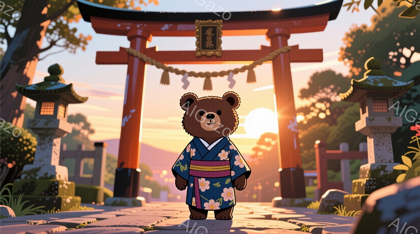 暖かく柔らかな色調の画像で、かわいらしいクマが日本の伝統的な着物を身に着けて立っています。クマは明るい青地に白と黄色の花柄の着物で、笑顔で正面を見つめています。背景には、朱色の鳥居、石灯籠、そして緑豊 - AI生成フリー素材