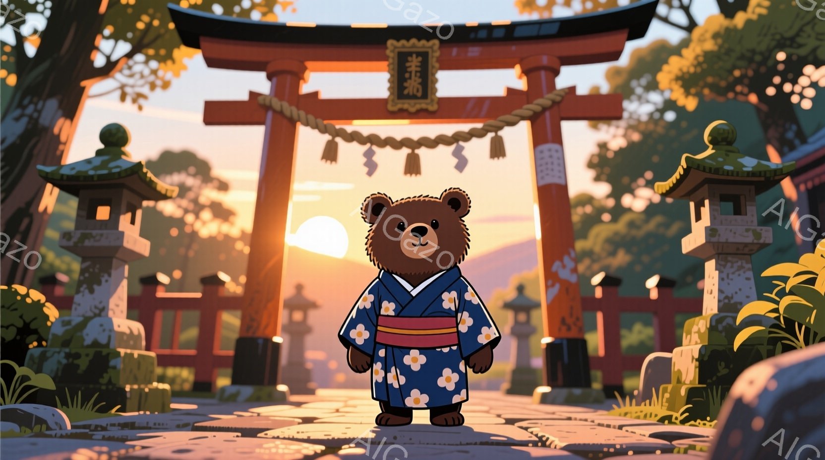 茶色のクマが、青い花柄の着物を着て、日本の神社の鳥居の前で立っています。背景には、夕焼け空と石灯籠、緑豊かな植物が見え、穏やかで温かい雰囲気です。クマは前足を組み、微笑んでおり、旅行者または参拝者のよ - AI生成フリー素材