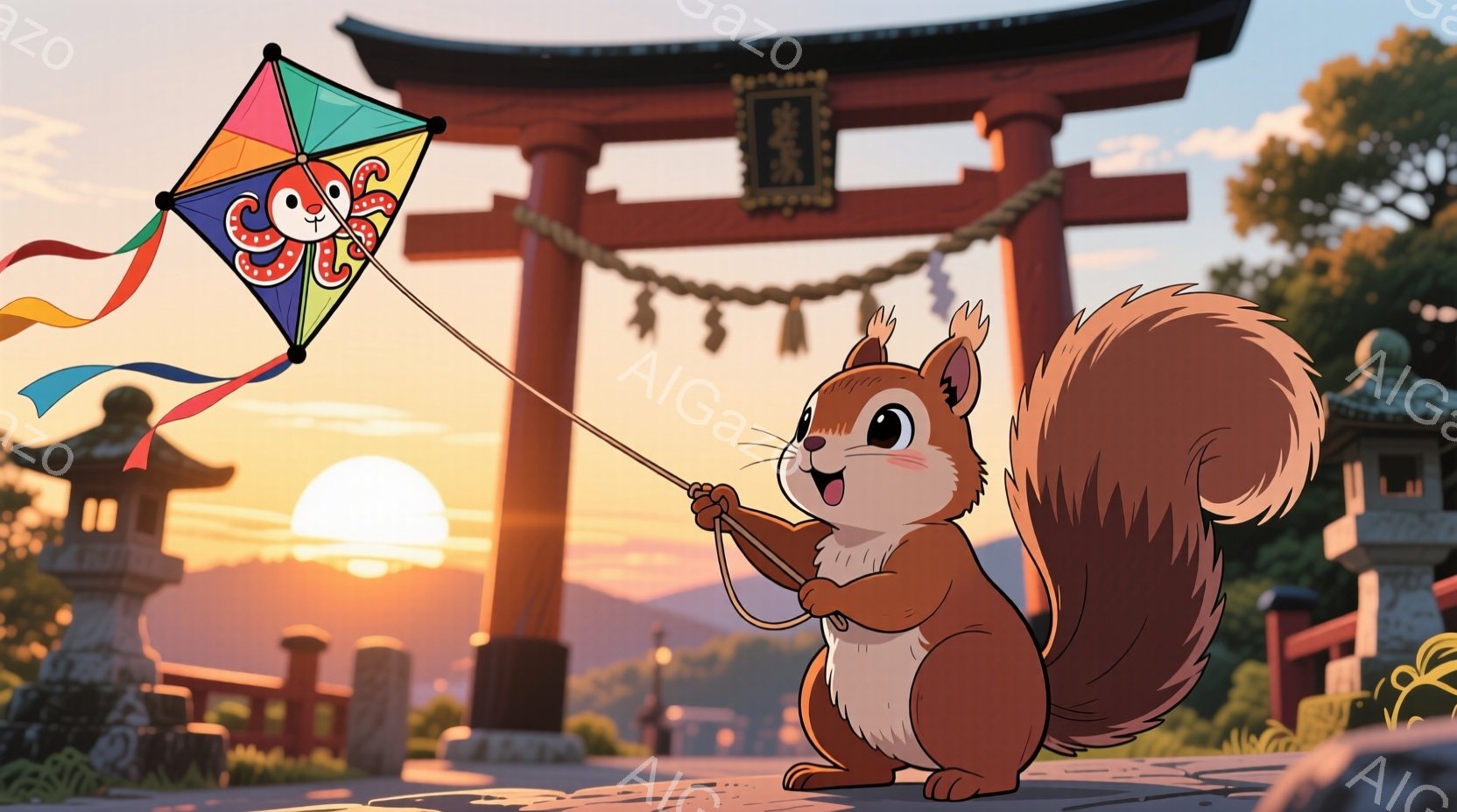 リスが提灯模様の凧揚げを楽しんでいる様子が描かれています。背景には夕焼けに照らされた鳥居と寺院が見え、穏やかで温かい雰囲気を醸し出しています。リスは嬉しそうな表情で凧を操り、日本の伝統的な風景と相まって、心温まる情景が広がります。