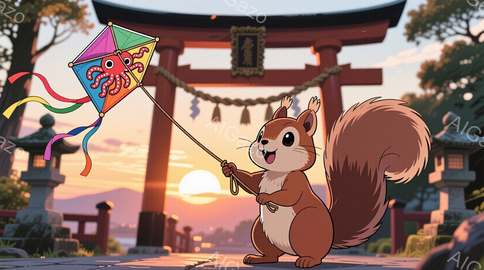 明るい夕焼けを背景に、リスが凧揚げを楽しんでいるイラストです。リスは満面の笑みを浮かべ、鮮やかなタコ型の凧を高く掲げています。背景には鳥居、石灯籠、そして遠くの山々が描かれ、穏やかで温かい雰囲気を醸し出しています。