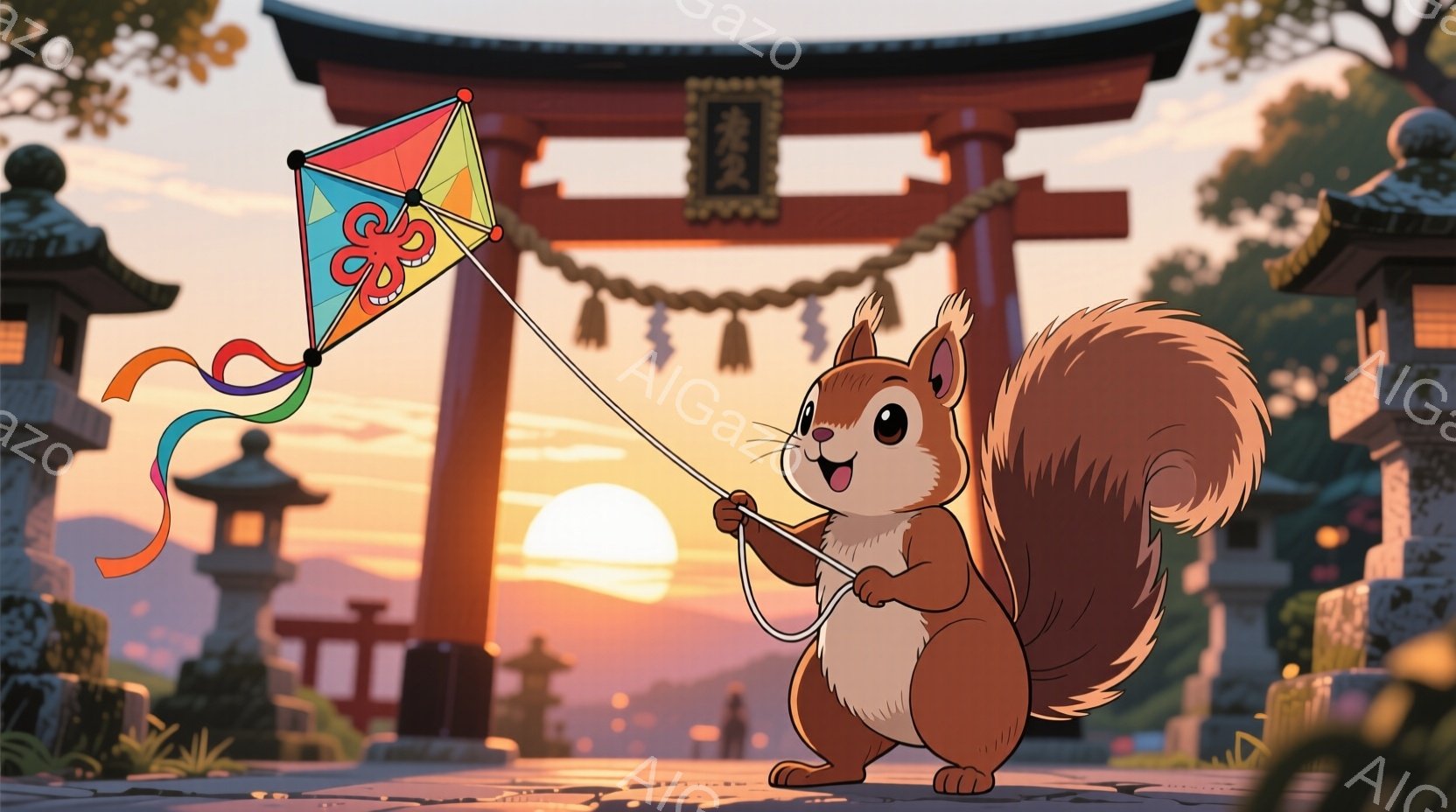 明るい夕焼けを背景に、リスが凧揚げを楽しんでいます。リスは白いお腹とふさふさの茶色の毛並みで、嬉しそうな表情をしています。背景には、伝統的な日本の鳥居と石灯籠があり、穏やかで平和な雰囲気を醸し出しています。