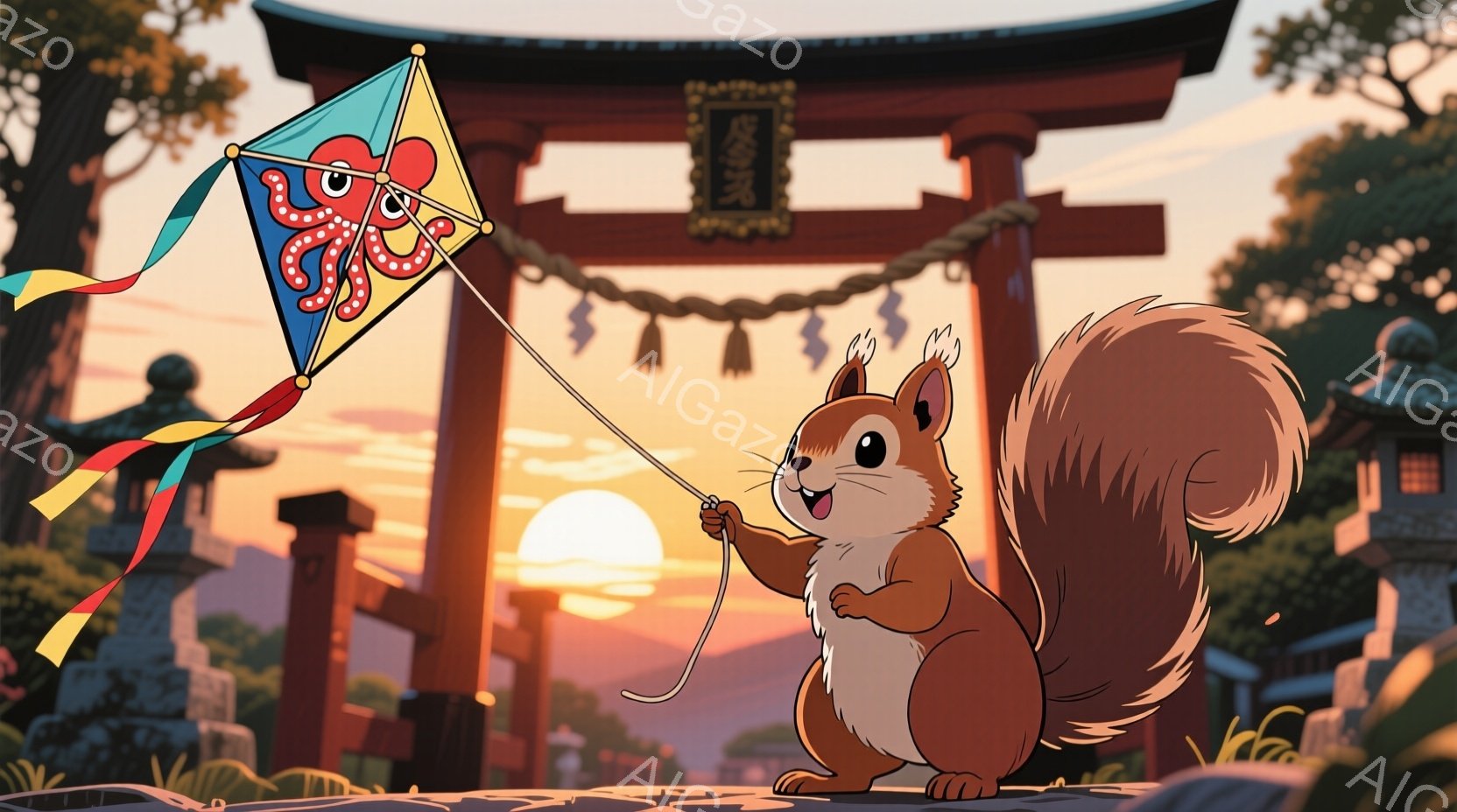 リスが提灯のような凧を持って、鳥居の下で嬉しそうに立っています。背景には夕焼け空と寺院の屋根、そして石灯籠が見え、暖かい雰囲気です。空はオレンジ色とピンク色のグラデーションで、穏やかな夕暮れ時の情景が - AI生成フリー素材