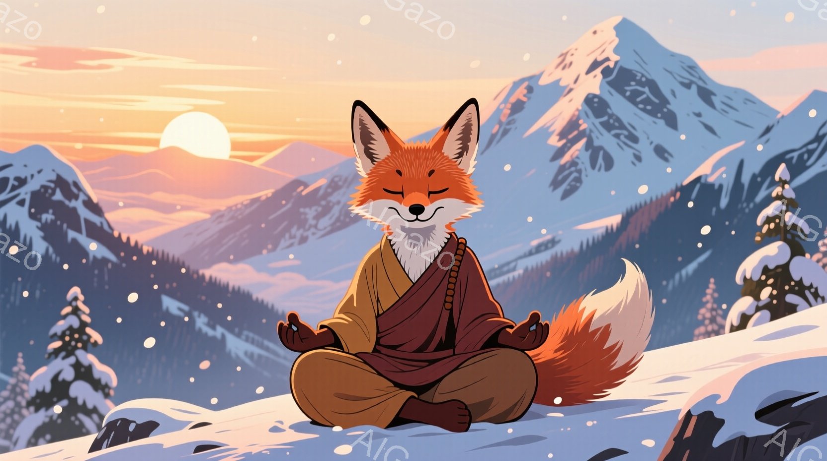 鮮やかなオレンジ色の毛並みを持つ狐が、雪景色の中で瞑想している。茶色のローブをまとい、首にはビーズのネックレスをかけている表情は穏やかで、両手を膝の上で静かに組んでいる。背景には雪をまとった山々が連なり、夕焼けのオレンジ色と空のグラデーションが美しい、静寂と平和な雰囲気が漂う。
