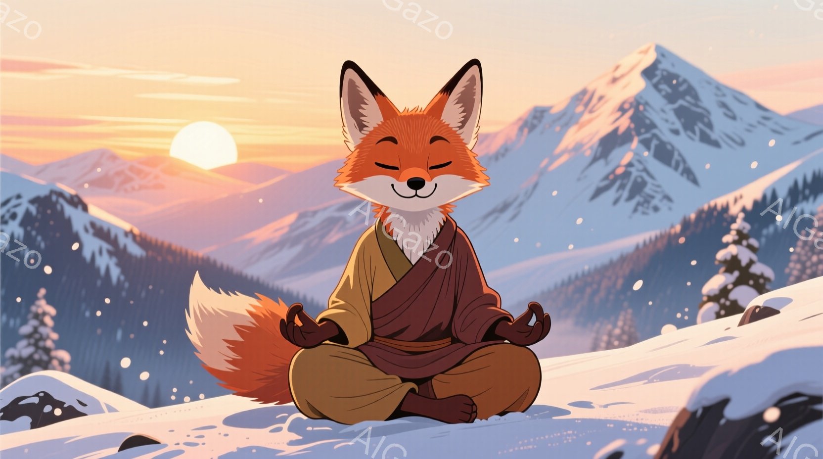 鮮やかなオレンジ色の毛並みを持つ狐が、雪に覆われた山の頂上で瞑想している。茶色の僧衣を身につけ、静かに目を閉じ、穏やかな微笑みを浮かべている。背景には雪を頂いた山々が連なり、夕焼けが空をオレンジとピン - AI生成フリー素材