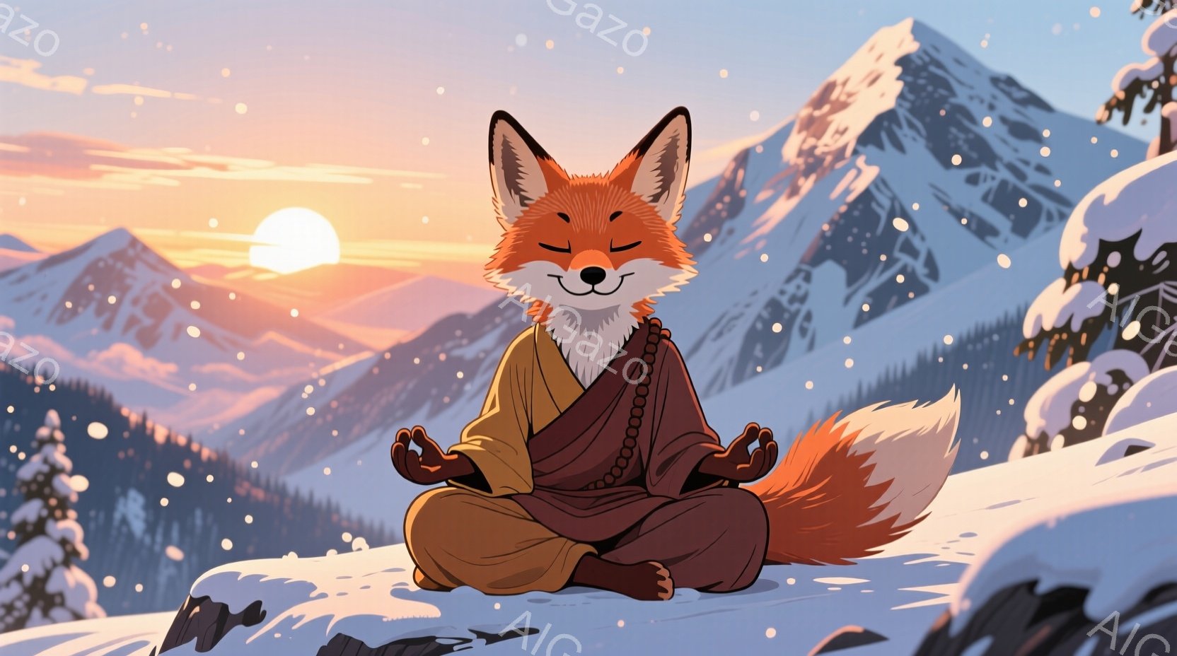 鮮やかなオレンジ色の毛並みをした狐が、雪の上に座禅を組んでいます。薄茶色のローブをまとい、首には数珠をかけており、穏やかな表情で目を閉じて瞑想しています。背景には雪山と夕焼け空が広がり、あたりには雪が舞い、静寂で平和な雰囲気が漂っています。