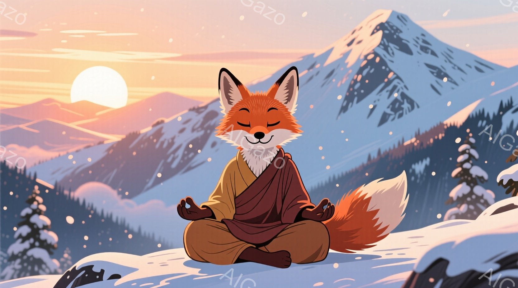 鮮やかなオレンジ色の毛並みを持つ狐が、雪山の中で瞑想しています。ベージュ色のローブを身につけ、両手を膝の上で静かに組み、穏やかな微笑みを浮かべています。背景には雪をまとった山々が連なり、夕焼けのようなオレンジとピンクの空が、静かで平和な雰囲気を醸し出しています。