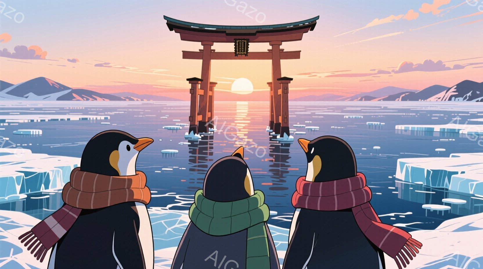 三羽のペンギンが、鮮やかな赤いスカーフを巻いて並んで立っています。彼らは凍てついた海に浮かぶ氷の破片と、夕焼けに照らされた鳥居を見つめています。背景には雪山が連なり、空はオレンジと紫のグラデーションで - AI生成フリー素材