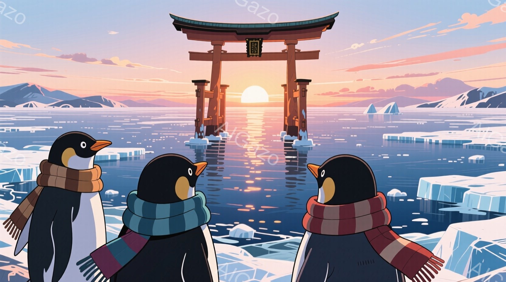 三羽のペンギンが氷の上に並んで立っており、それぞれ首に異なる色のスカーフを巻いています。背景には、夕焼けに照らされた海に鳥居が浮かび、遠くには氷山と雪山が連なっています。 全体的に穏やかで幻想的な雰囲 - AI生成フリー素材