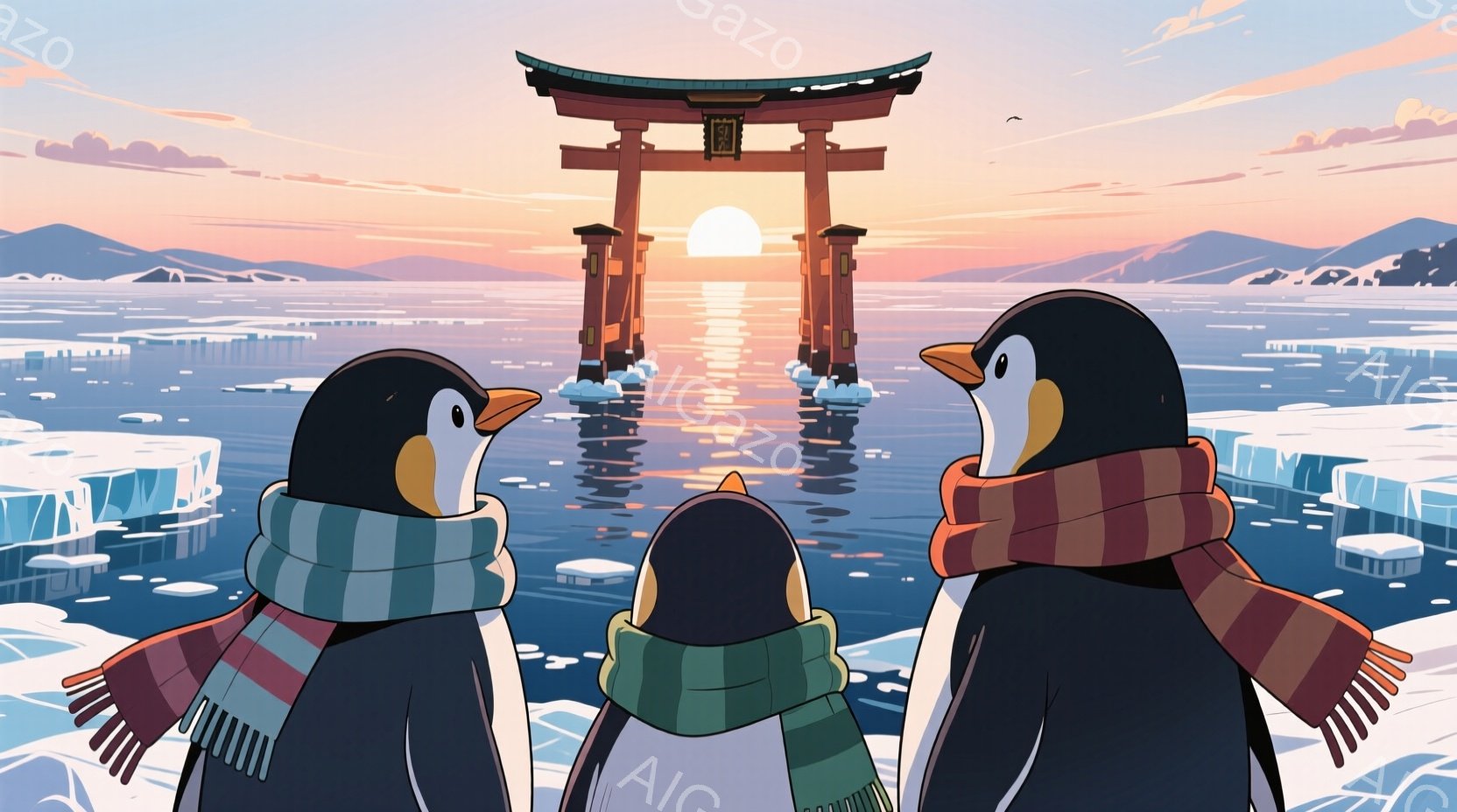 三羽のペンギンが、それぞれ赤い縞模様のスカーフを巻いている。彼らは氷の浮遊物と遠くに見える鳥居を背景に、前方をまっすぐ見つめている。空はピンクとオレンジのグラデーションで、穏やかで静かな雰囲気を醸し出 - AI生成フリー素材