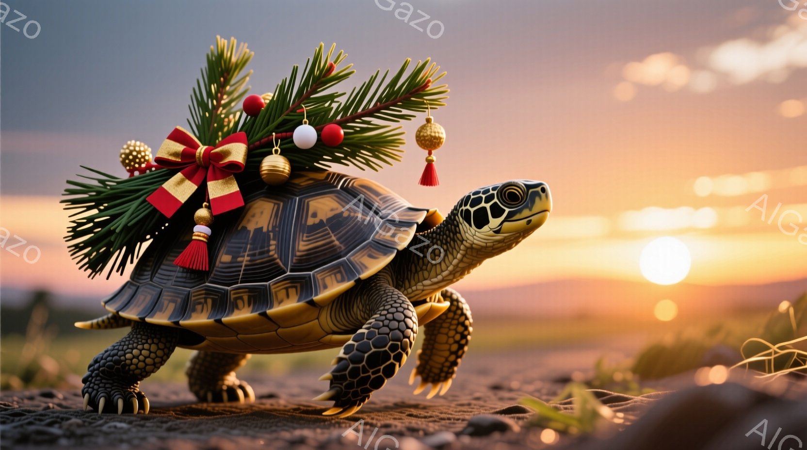 カメの背中にクリスマスの飾り付けが乗っています。緑の葉っぱと赤いリボン、金色のオーナメントが可愛らしく、夕焼けの背景とカメの模様が美しく調和しています。カメは前方に歩いており、穏やかで優しい雰囲気を醸し出しています。