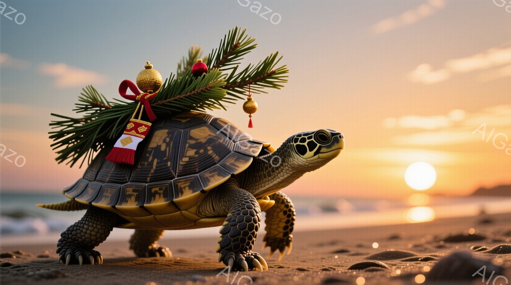 カメは砂浜をゆっくりと歩いており、背中にクリスマスの飾り付けが乗っています。飾り付けには緑の葉っぱと金色のオーナメント、赤いリボンが含まれており、カメの甲羅とコントラストをなしています。背景には穏やかな海と夕焼けが広がり、暖かく幻想的な雰囲気を醸し出しています。