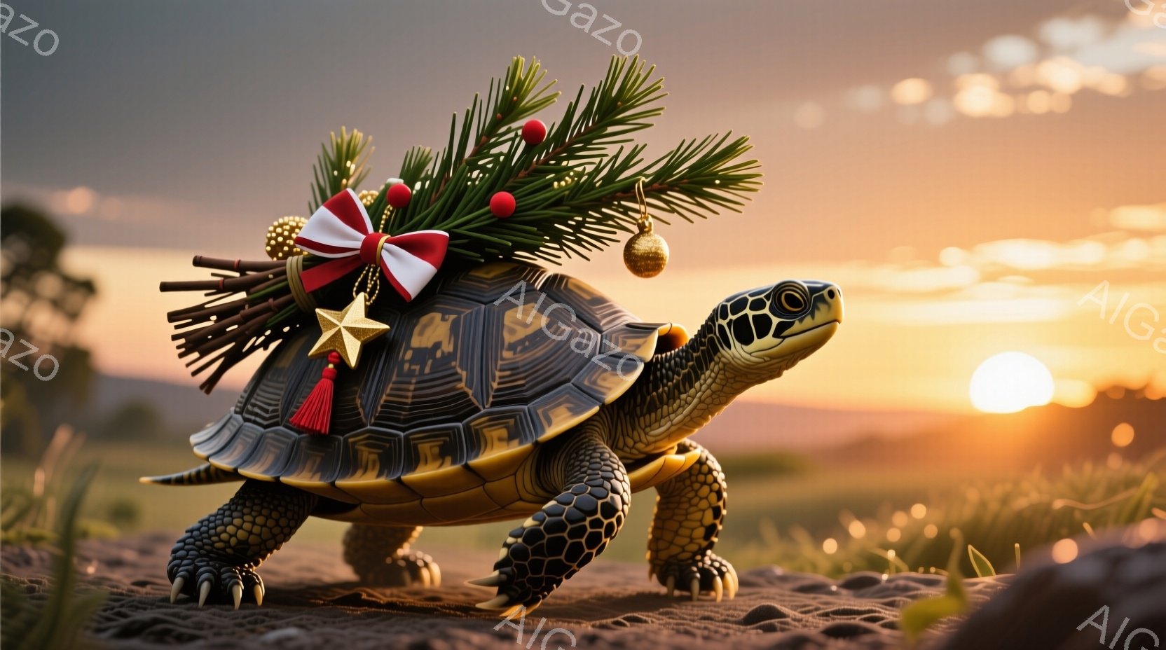 カメの背中にクリスマスツリーのような飾り付けがされています。背景には夕焼けのような暖かな光が広がり、自然豊かな草原が広がっています。全体的に温かく、お祝いムードにあふれた雰囲気です。
