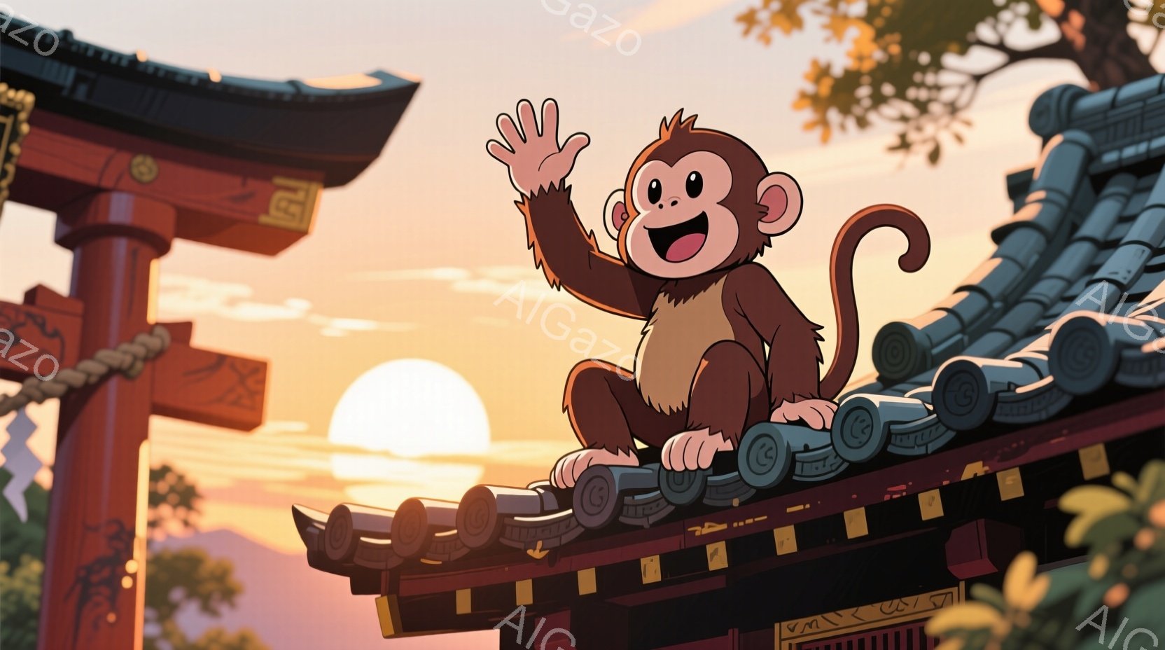 明るい夕焼けを背景に、寺社の屋根の上で猿が手を振っています。猿は茶色の毛並みで、満面の笑みを浮かべており、親しみやすい表情をしています。背景には朱色の鳥居が見え、周囲には緑豊かな自然が広がっており、穏やかで温かい雰囲気が漂っています。